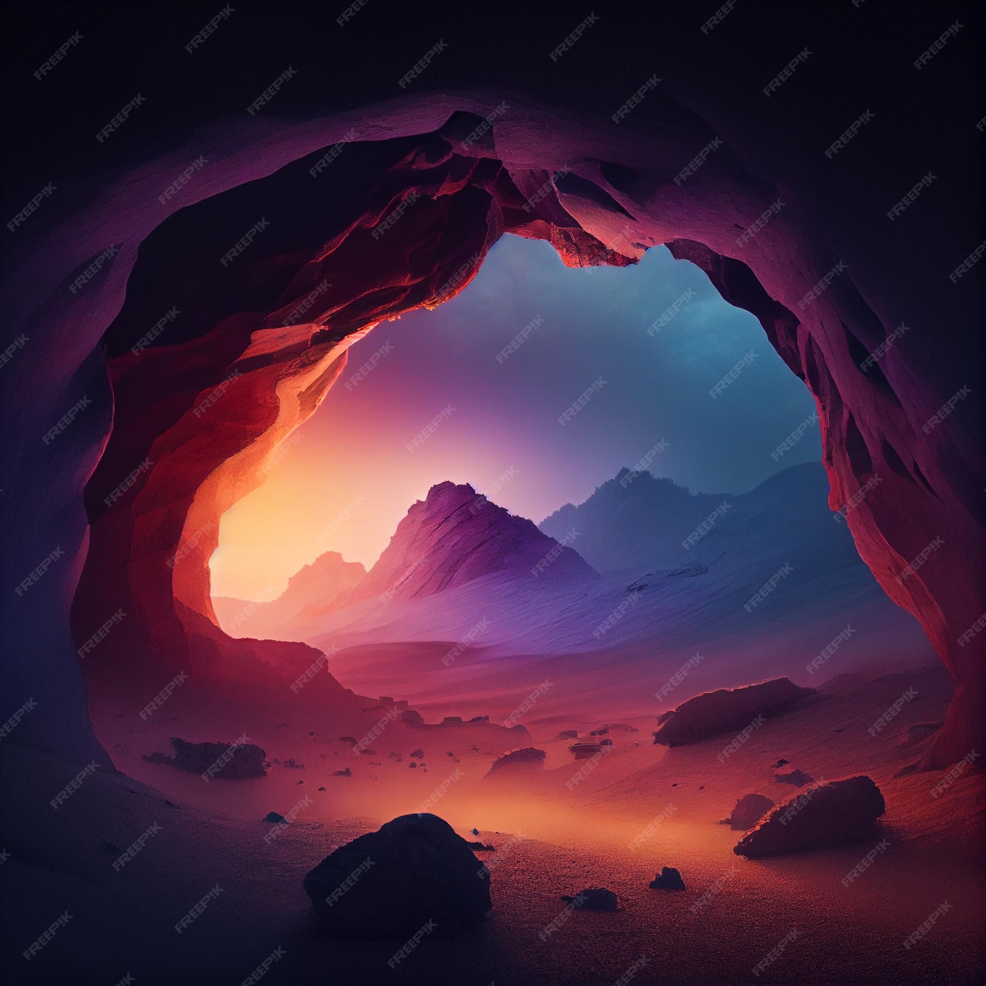 2000x2000 Premium Photo. Mysterious dark cave landscape at sunset or sunrise generative ai