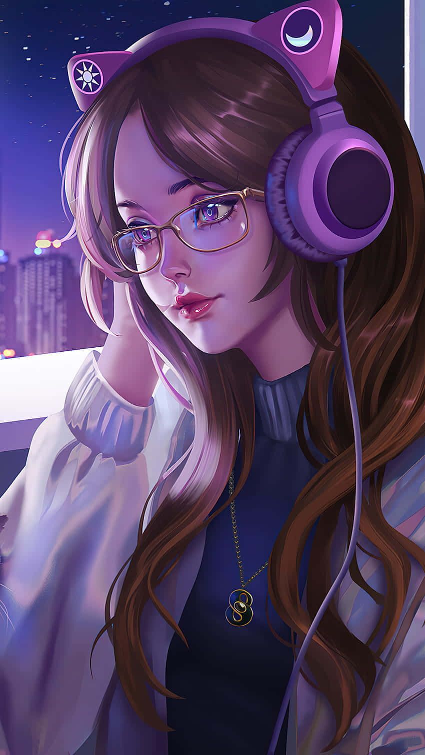 850x1511 Download Lofi Anime Gamer Cat Girl Wallpaper