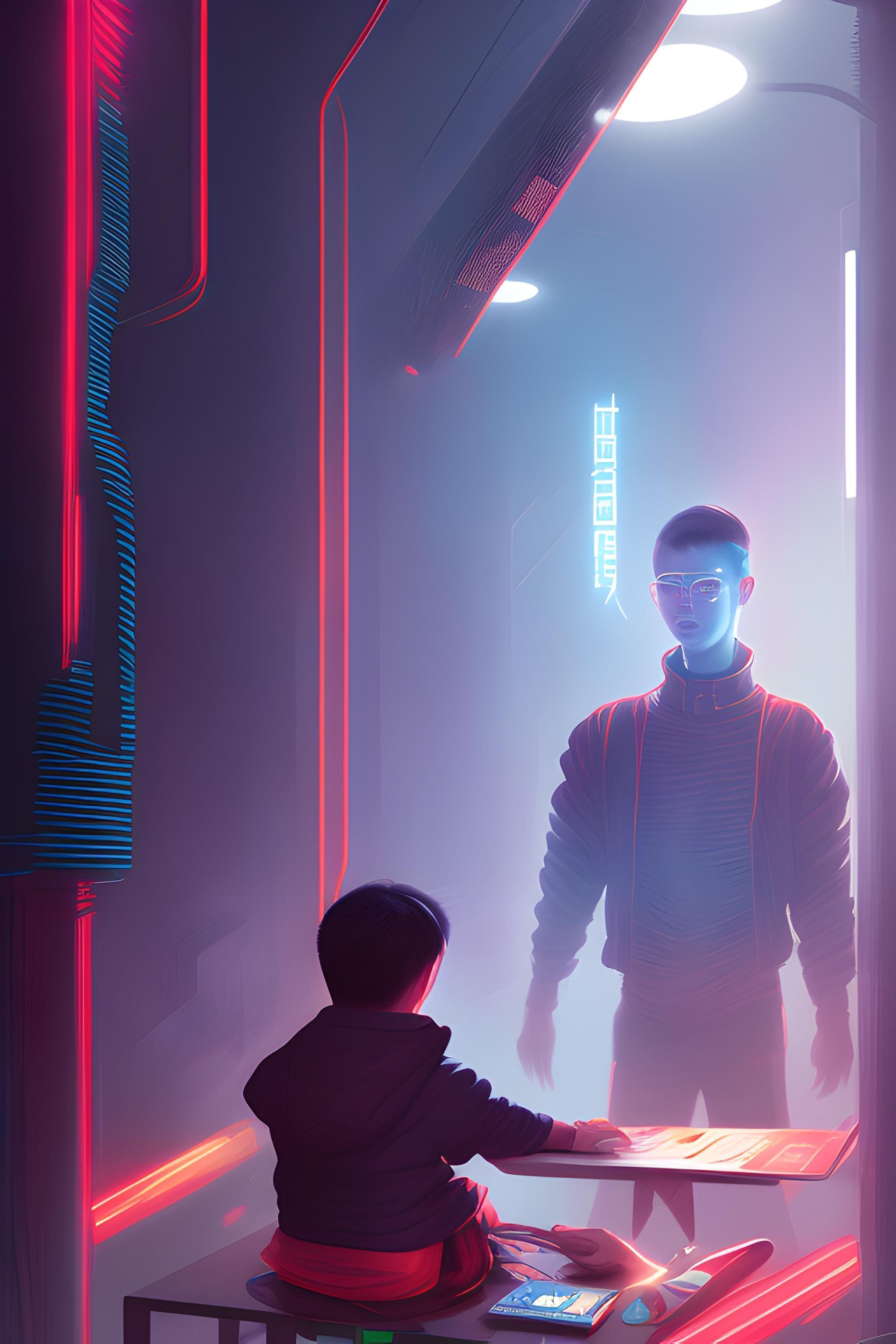 2048x3072 Chinese, Cyberpunk, Fancy, Colourful, boy sitting in the background and watching