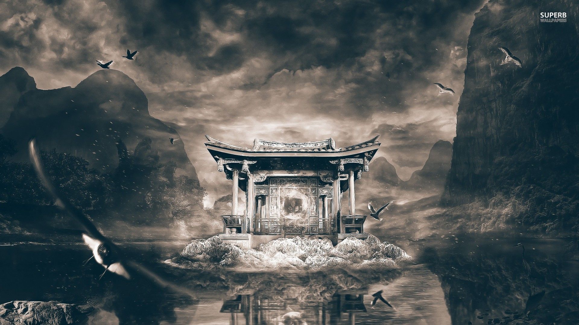 1920x1080 landscape, China, mountains, lake, digital art, Asia, fantasy artx1080 Wallpaper