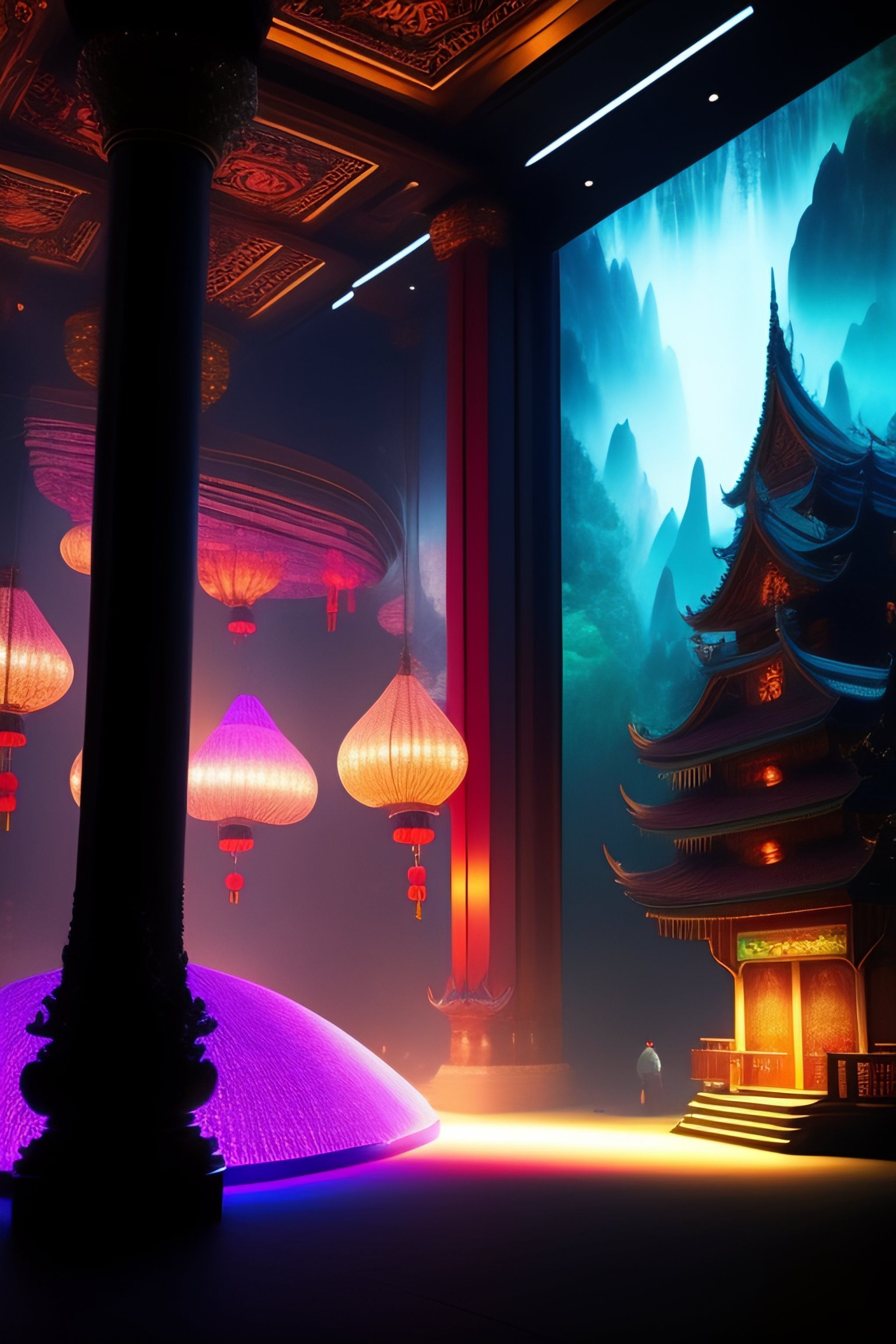 2048x3072 Lexica indoor immersive mapping world with LED and dark rider about old china fairy and gods in a mall