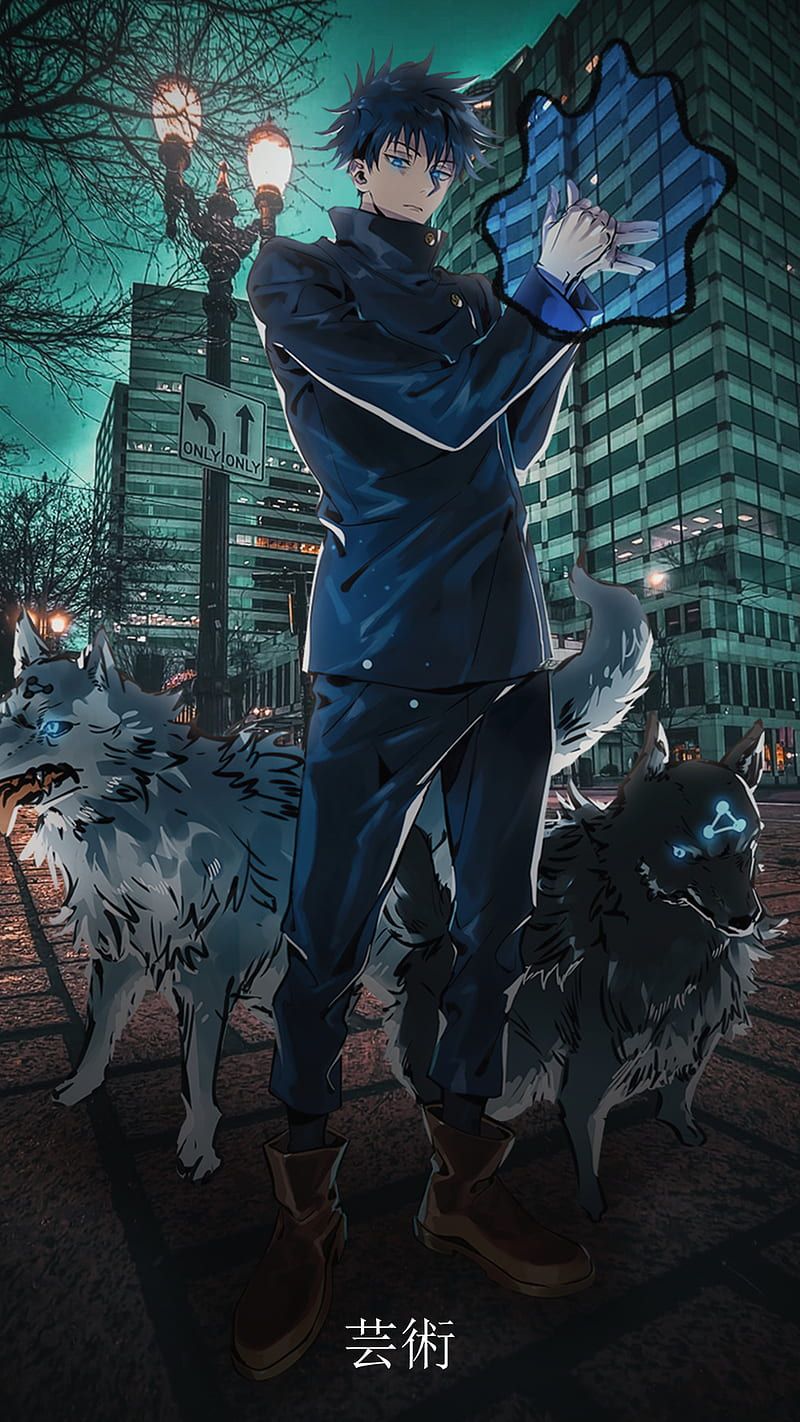 800x1422 Megumi Fushiguro, anime, city, wolf, HD