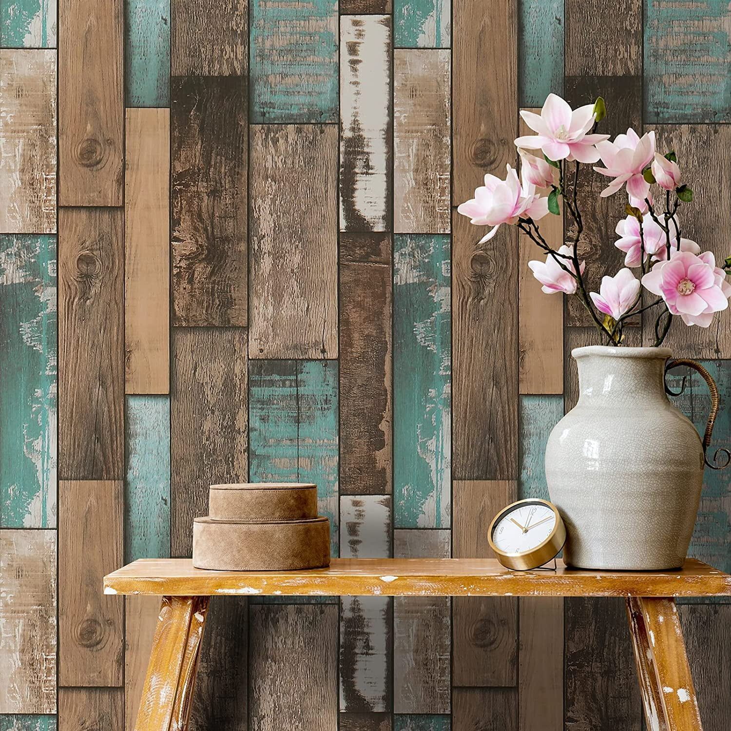 1500x1500 Wood Plank Contact Paper Peel and Stick 17.7�236 Multicolor Vintage Wood Grain Wall Paper Self Adhesive Removable Wood Wallpaper Brown Shiplap Vinyl Film Decorative for Cabin Bedroom Walls