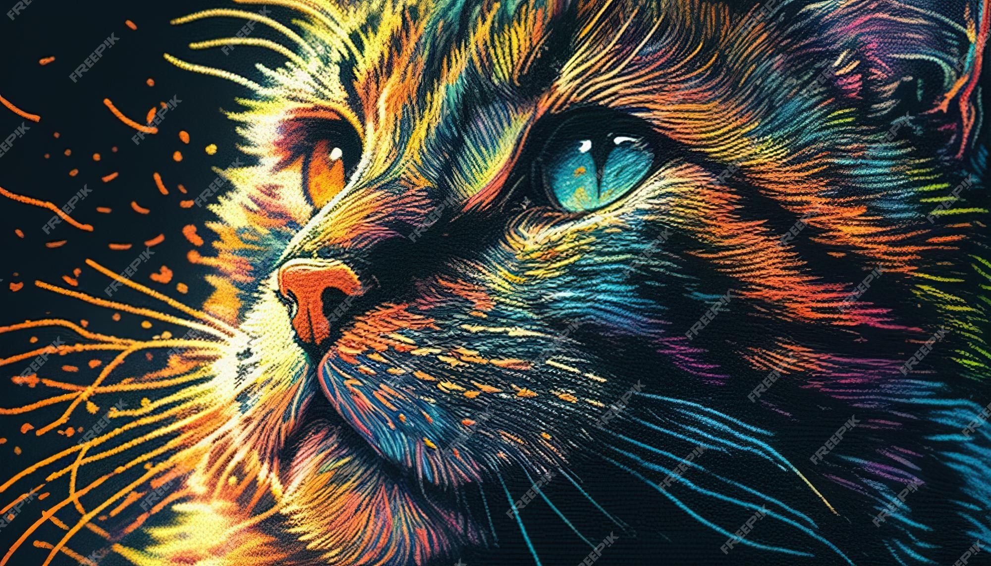 2000x1143 Premium Photo. Cat cyberpop oil pastel drawing closeup portrait digital art illustration
