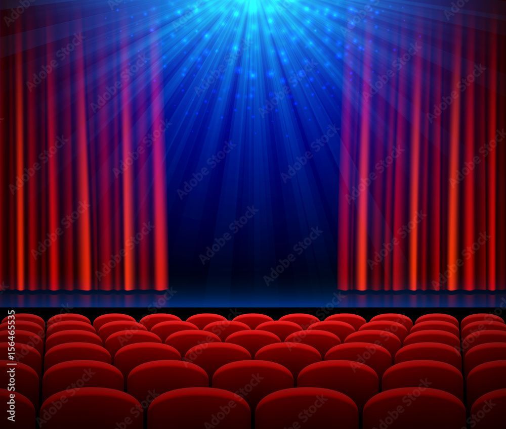 1000x849 Empty theater stage with red opening curtain, spotlight and seats. Poster background for concert, party, theater or dance show Stock Vector