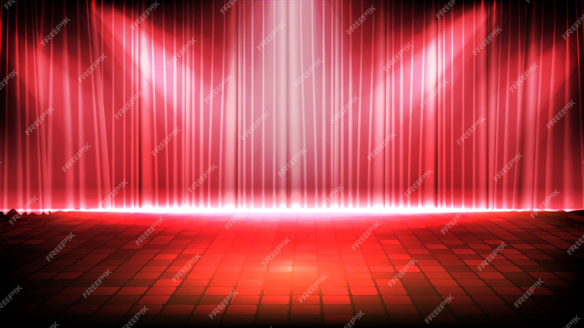 2000x1125 Premium Vector. Abstract futuristic background of empty stage with red curtain and lighting spotlgiht stage background