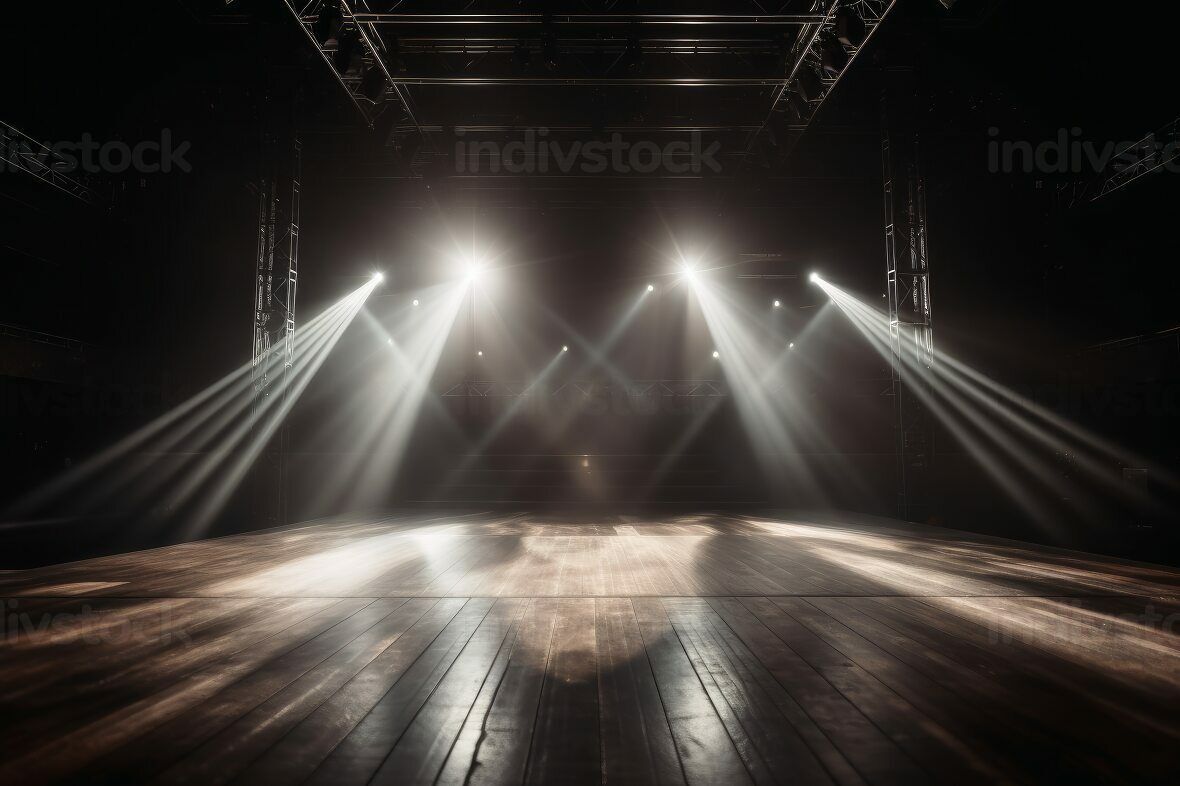 1180x786 Empty stage with light beams background created with generative AI