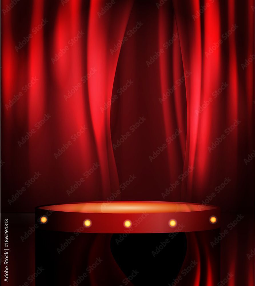 892x1000 Empty stage with red curtain backdrop. Theatre stage, vector art image illustration. Stand up comedian night show or karaoke party background with text space. retro design Stock Vector