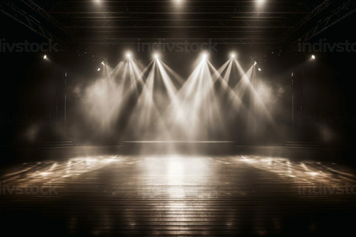 1180x786 Empty stage with light beams background created with generative AI