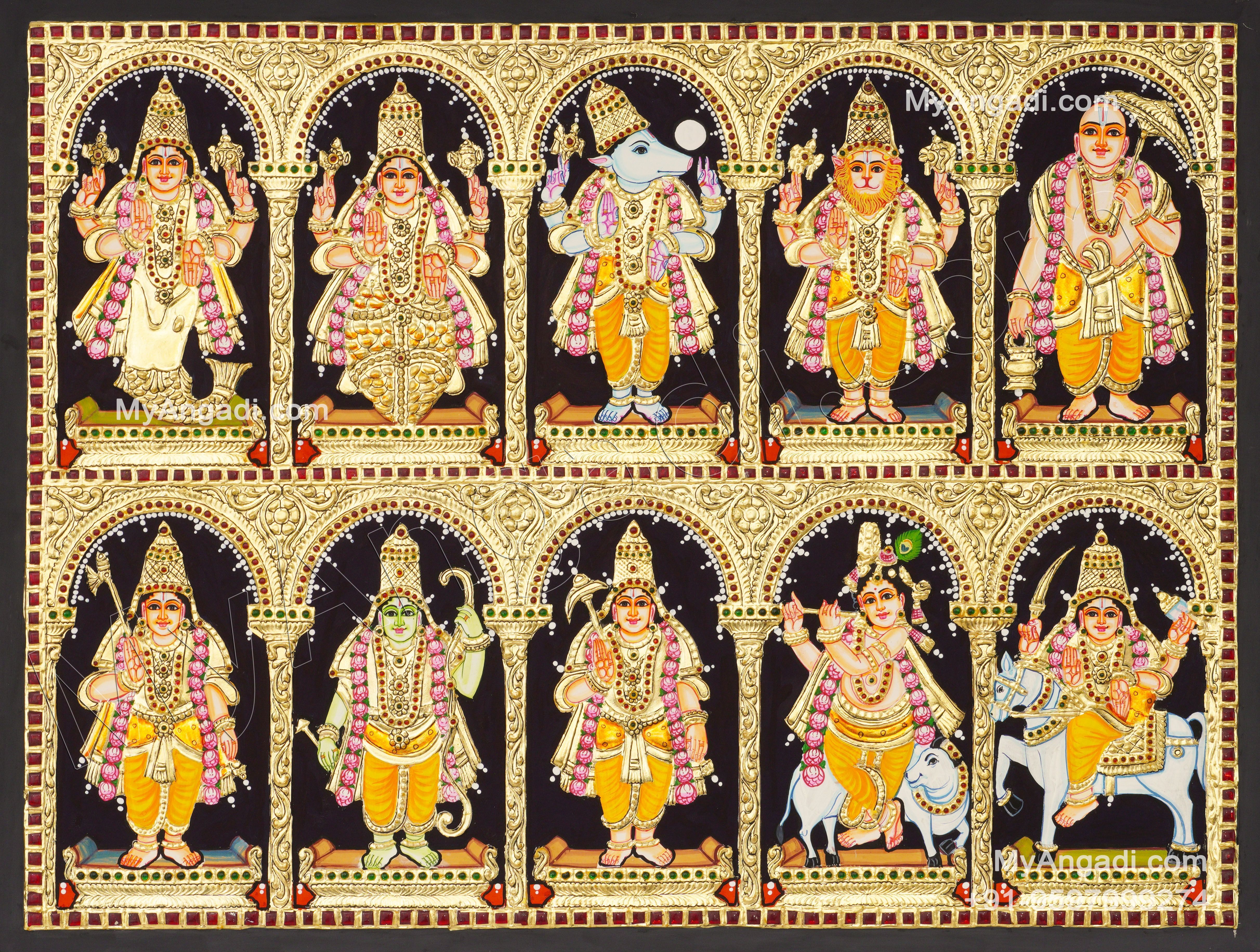 4848x3664 Dasavatharam Tanjore Painting, Vishnu Avatharam Tanjore Painting