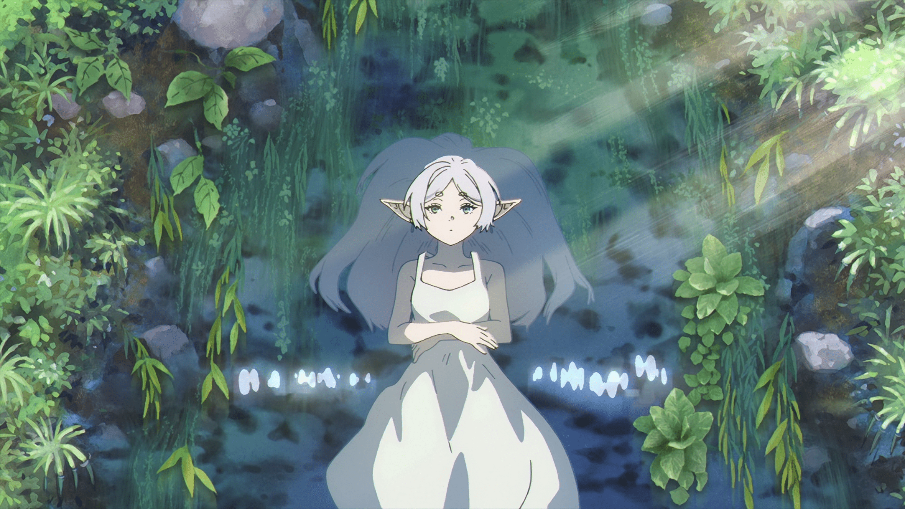 3070x1728 lying down, lying on back, long hair, looking at viewer, arms crossed, Sousou No Frieren, anime, Anime screenshot, water, pointy ears, sunlight, leaves, dress, anime girls, rocks, greenx1728 Wallpaper
