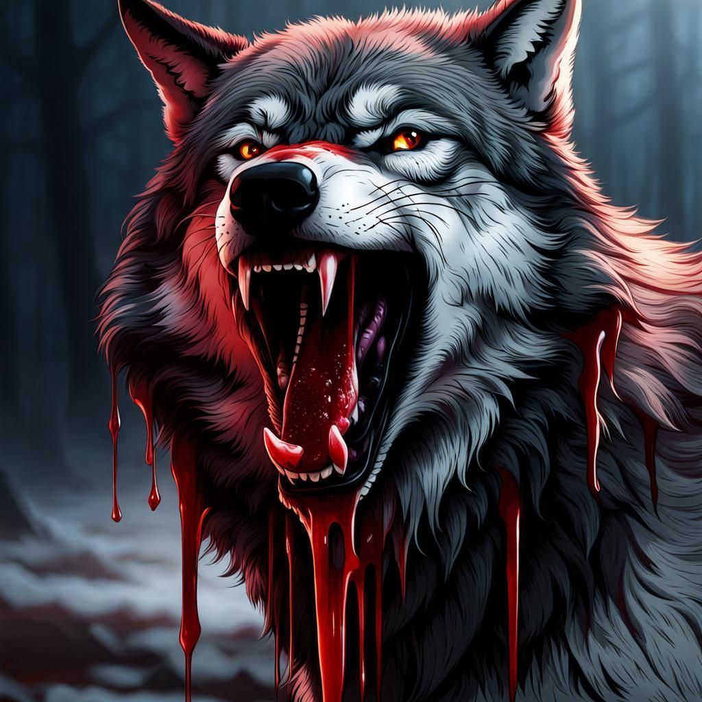 1024x1024 Wolf with blood dripping from his mouth. Generated Artwork