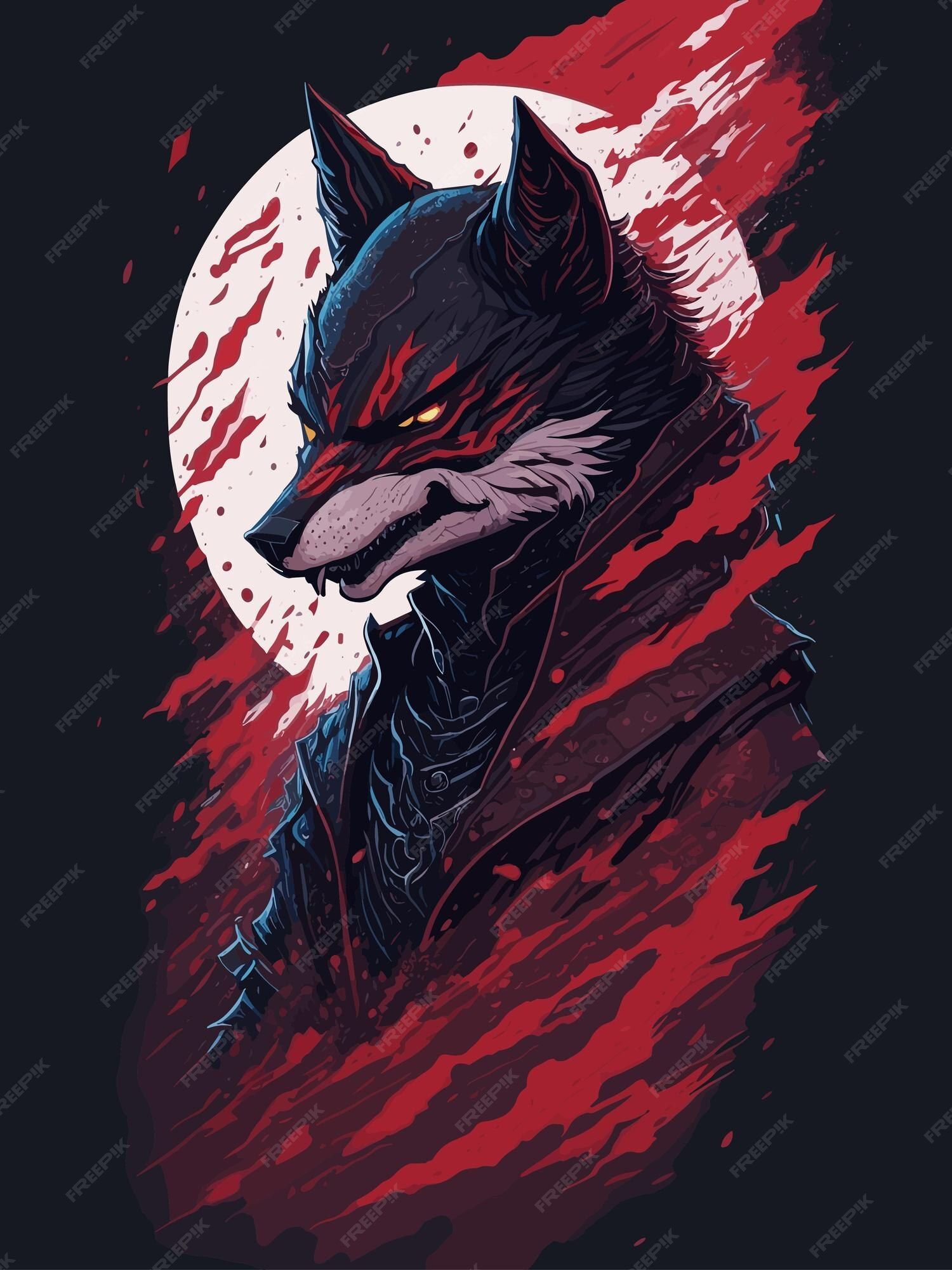1500x2000 Premium Vector. A wolf with a bloody face is standing in front of a red background
