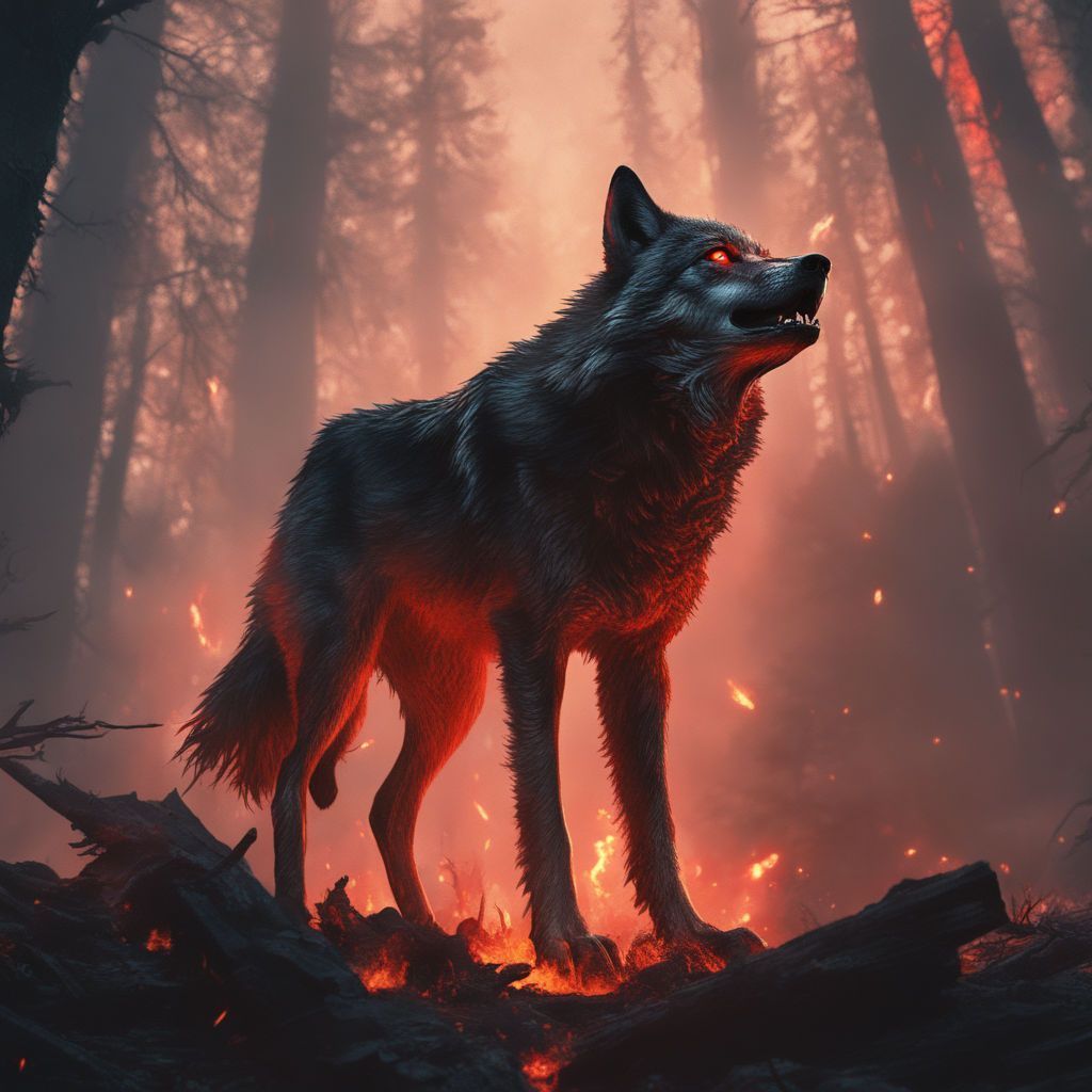 1024x1024 large snarling black wolf with glowing eyes and bloody fangs