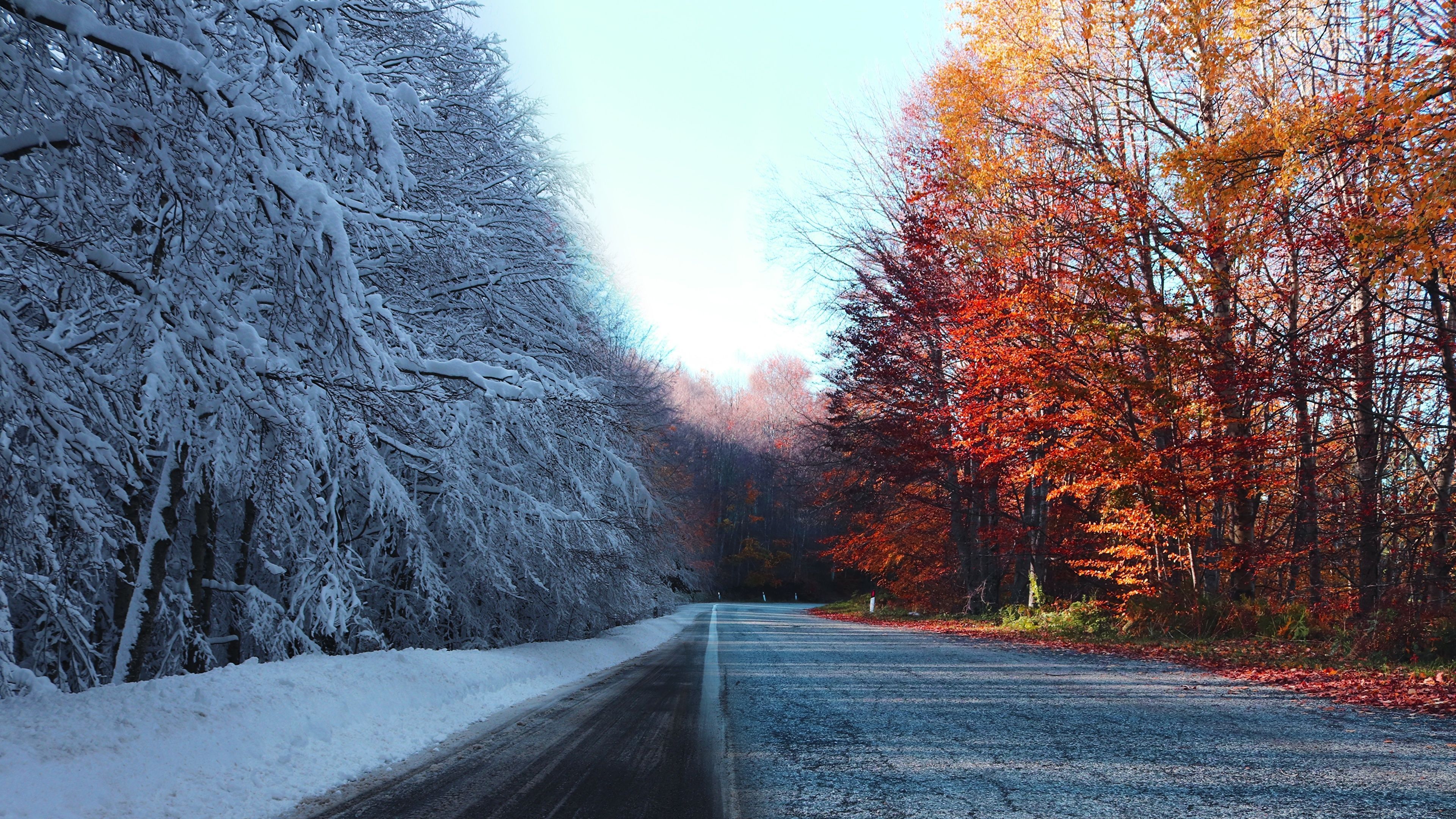 3840x2160 Desktop Wallpaper Autumn Winter Nature Snow Roads Trees 3840x2160