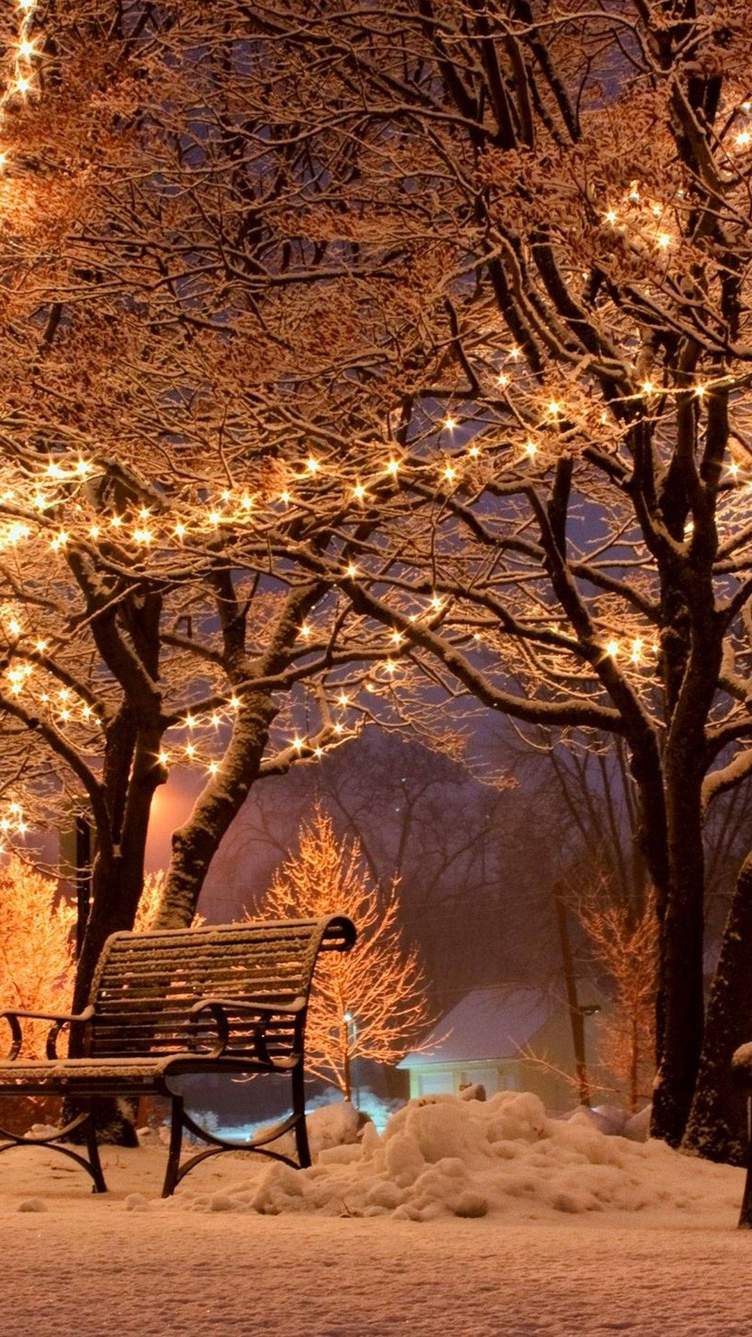 1080x1920 Download Luminous Bench Winter iPhone Wallpaper