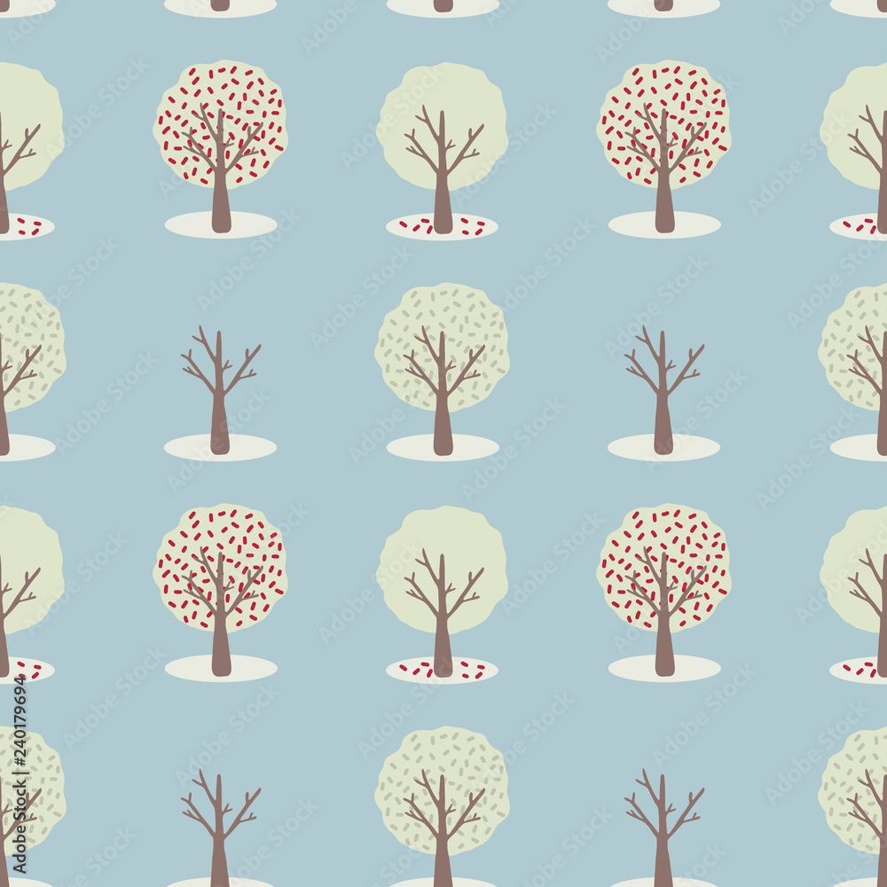 1000x1000 Vector 4 Seasons Tree Set, Seamless Repeat Pattern. Stylized Spring, Summer, Autumn Fall, Winter Foliage Graphic for Educational Nature Wallpaper, Egology Background, Cute Kawaii Kids Fashion Prints. Stock Vector