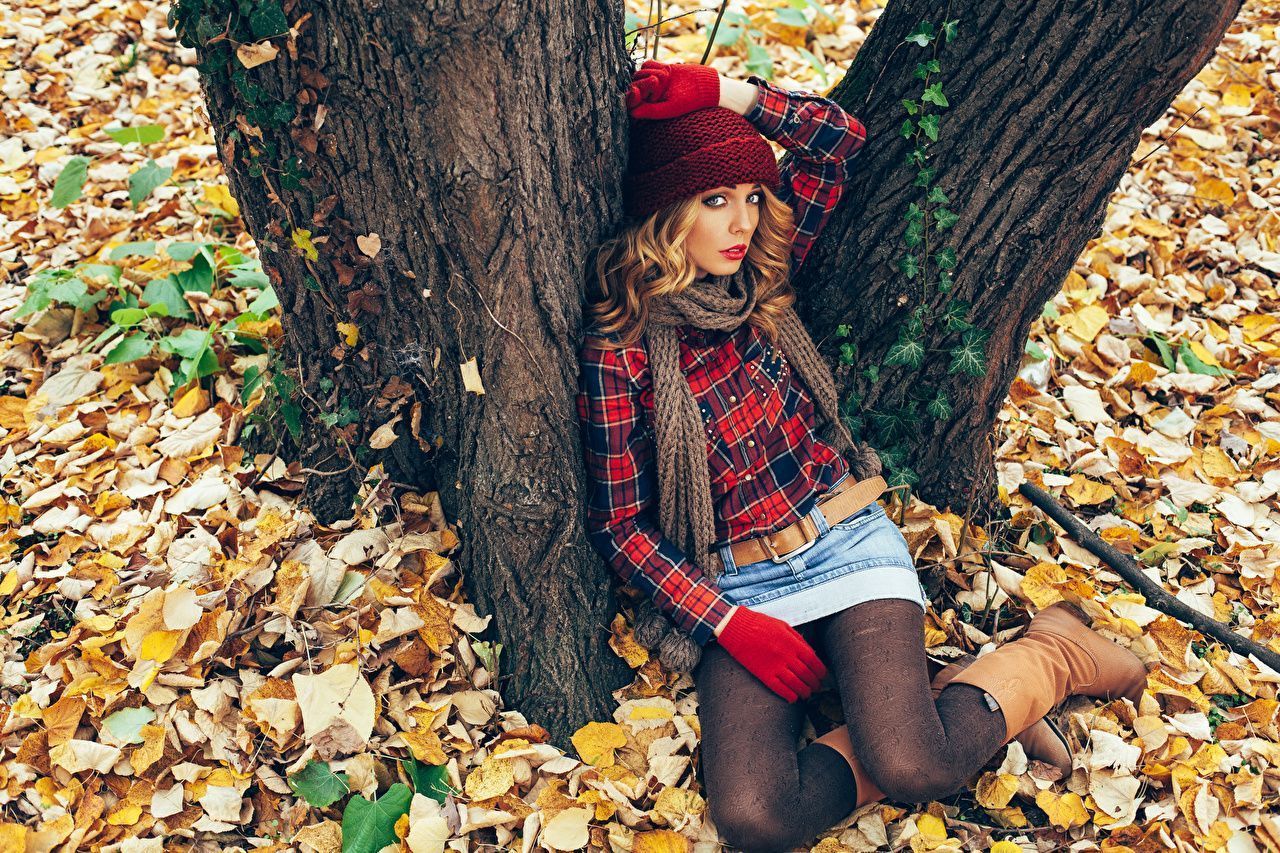 1280x853 Image Leaf Brown haired Girls Autumn Winter hat Trunk tree Sitting