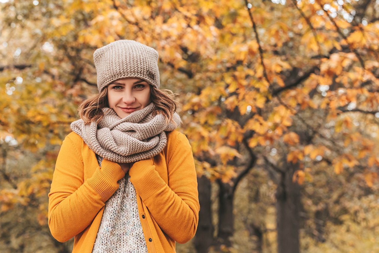 1280x853 Desktop Wallpaper Brown haired Scarf Bokeh Girls Autumn Winter hat