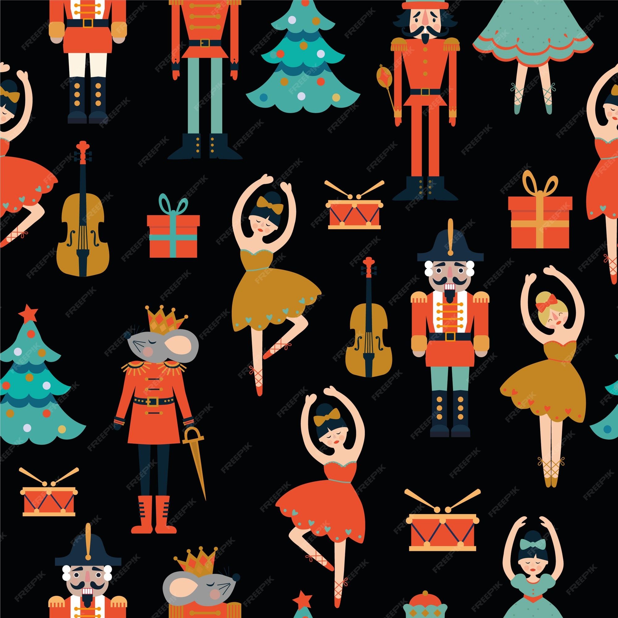 2000x2000 Premium Vector. Seamless pattern with nutcracker. tree, violin, ballerina, mouse king