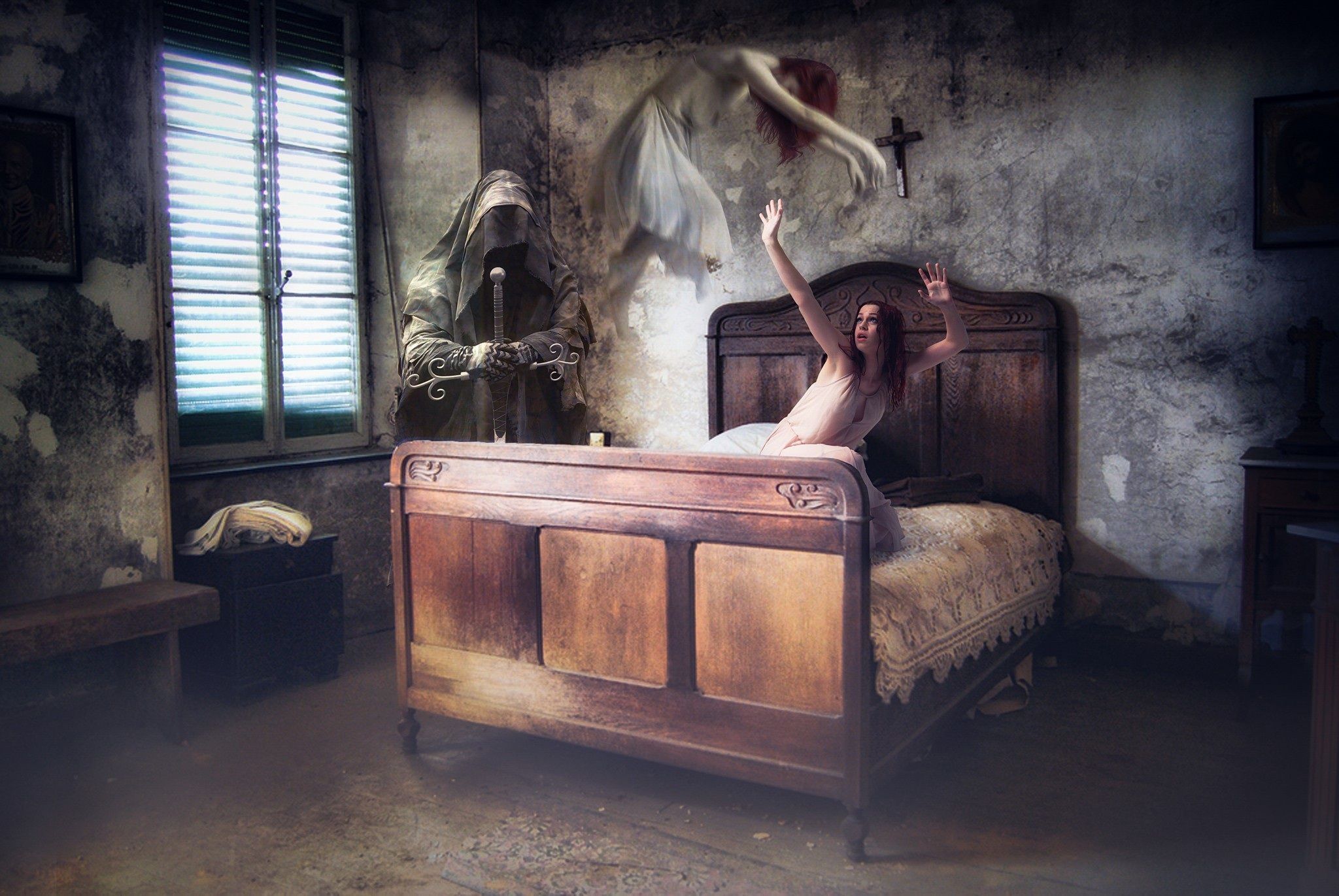 2048x1371 HD desktop wallpaper: Death, Dark, Room, Bed, Ghost, Grim Reaper download free picture