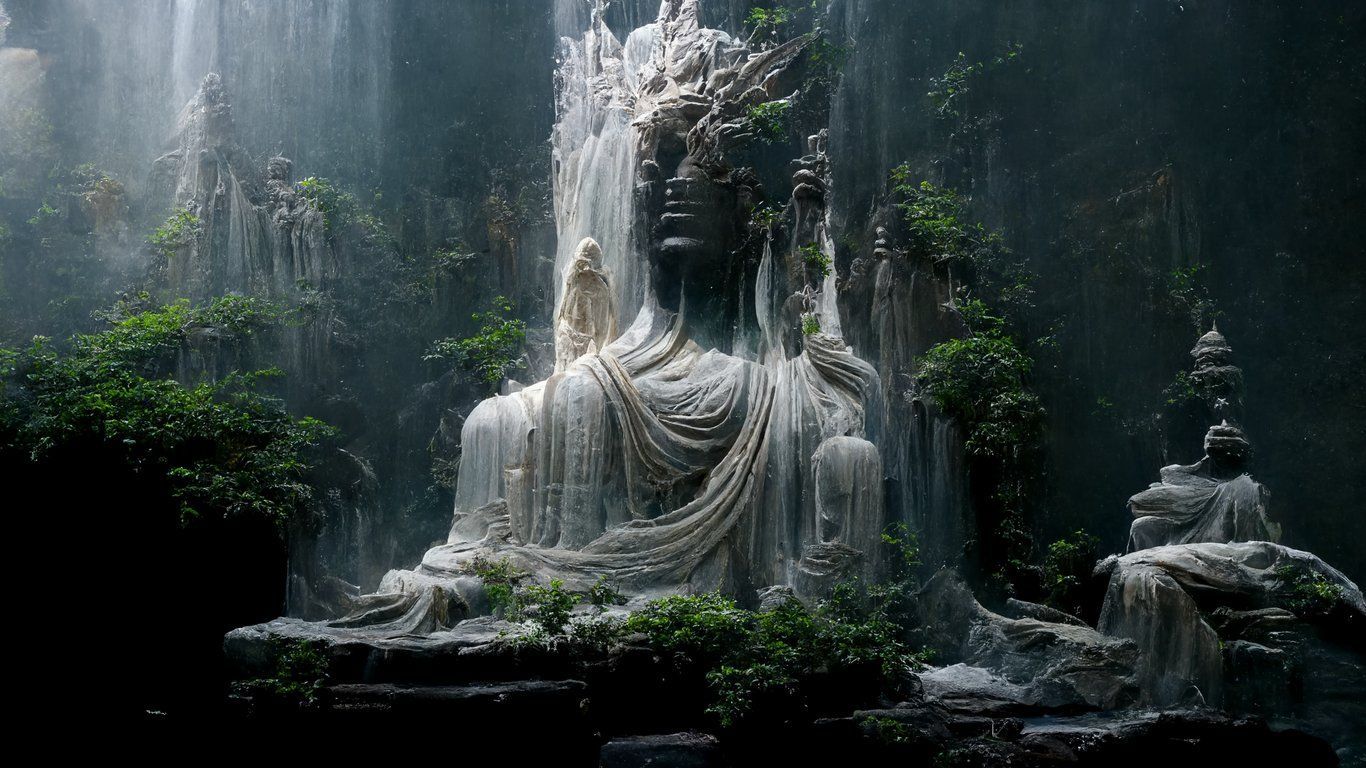 1366x768 prompthunt: a marble statue of the buddha in detailed magic forest with waterfall, elegant, intricate design, beautiful, octane, 8k