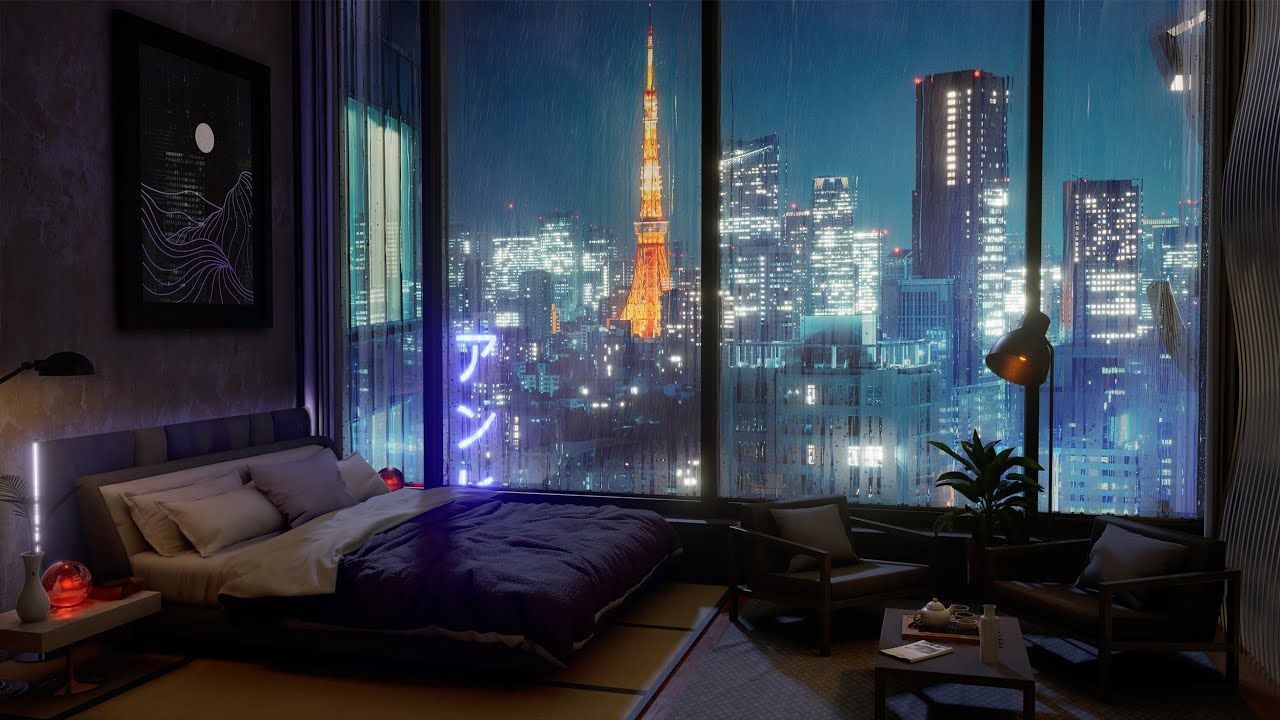 1280x720 A Luxury Tokyo Hotel Room. Rain, Wind and Thunder sounds For SleepingKHrs