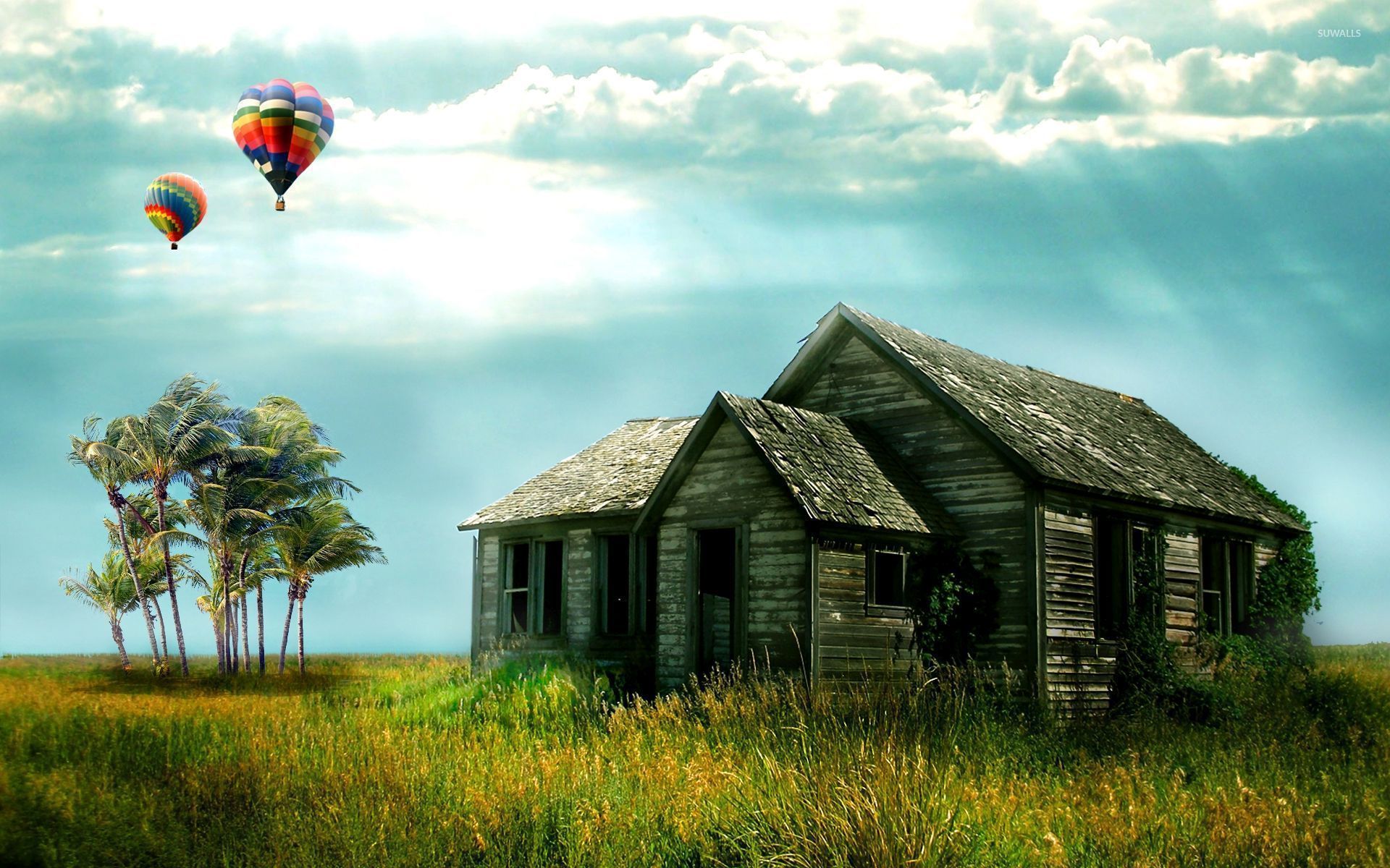 1920x1200 Hot air balloons above the ruined house wallpaper wallpaper