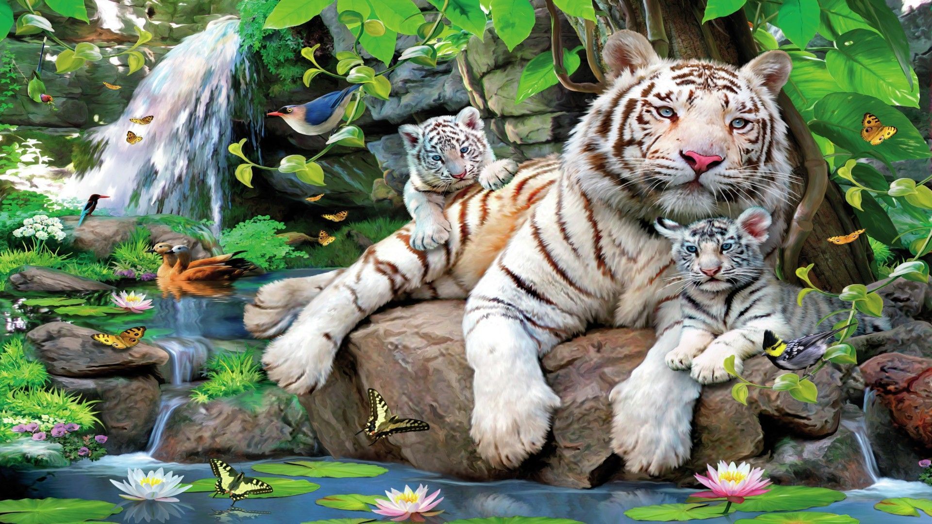 1920x1080 White Tiger and Cubs in Paradise