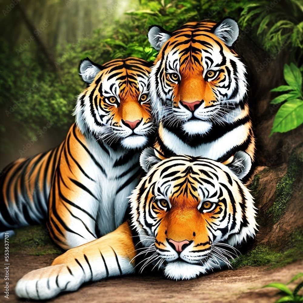 1000x1000 a couple of tigers sitting next to each other, Stock Illustration