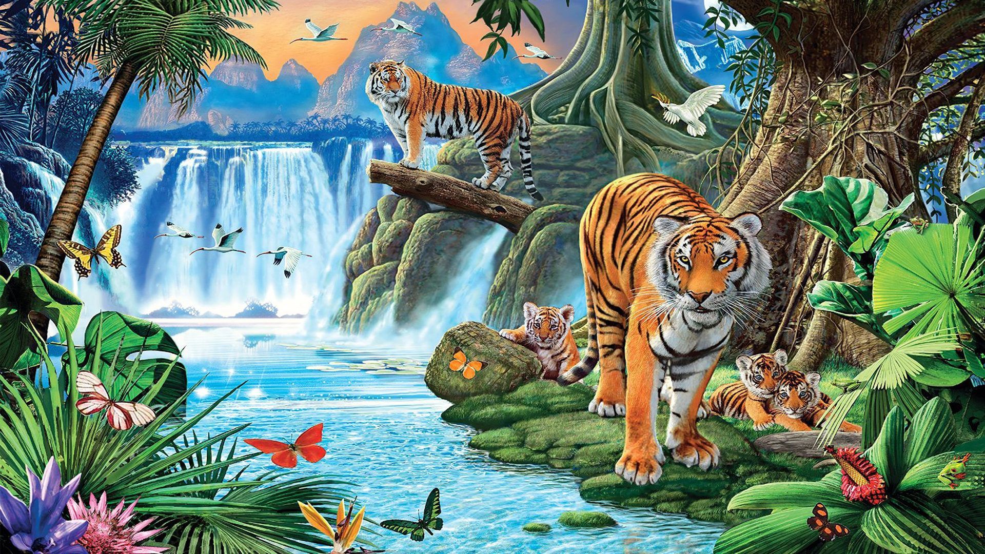 1920x1080 Family Tiger Waterfalls, Trees, River Rock Birds Desktop Wallpaper HD :