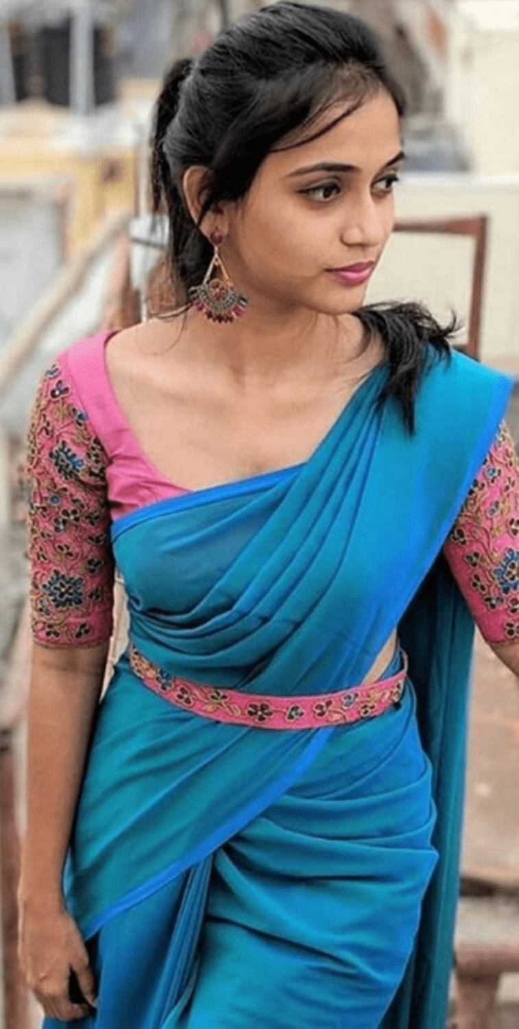 757x1500 Indian Girl Wearing Blue Saree Wallpaper Download