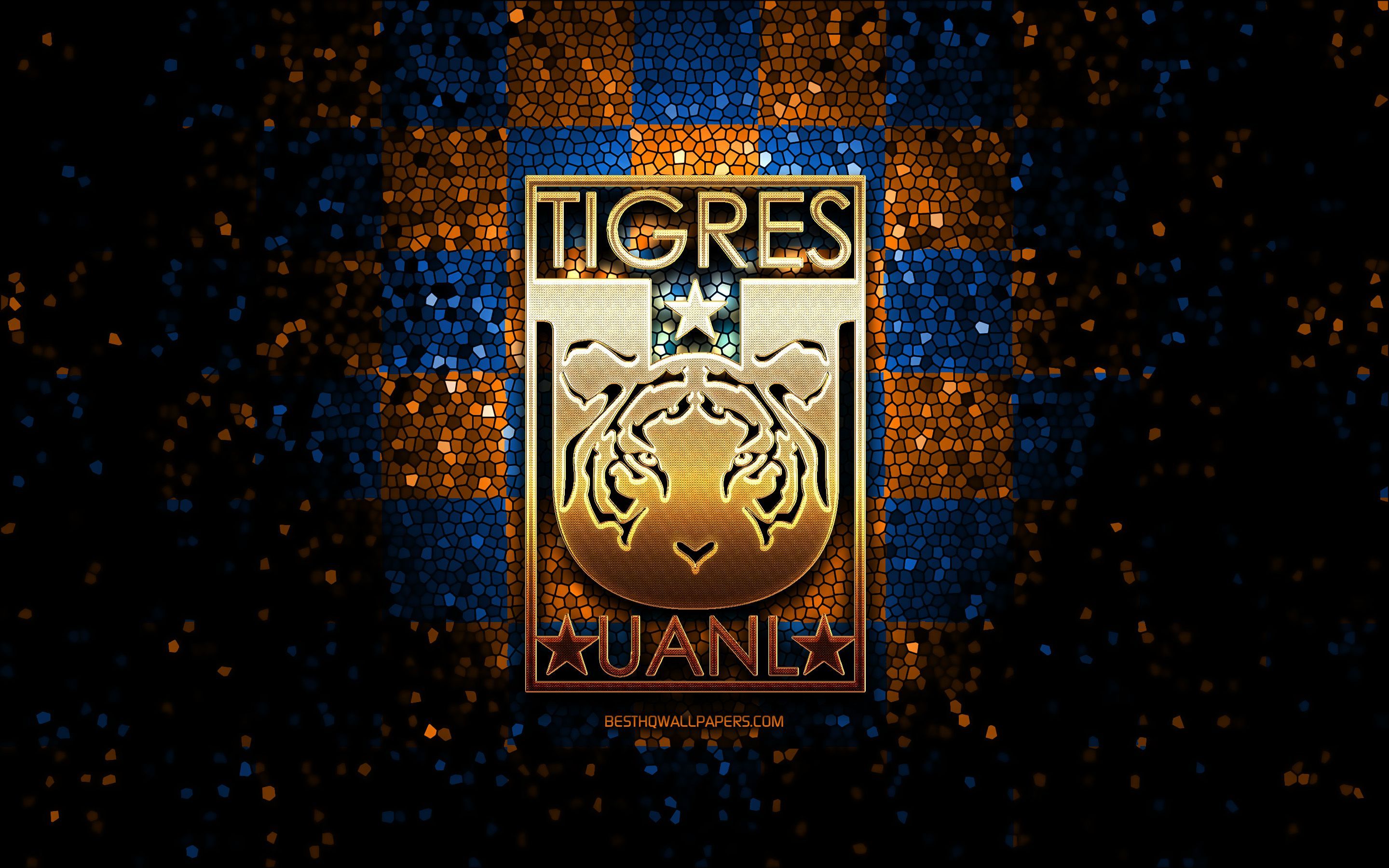 2880x1800 Download wallpaper Tigres UANL FC, glitter logo, Liga MX, orange blue checkered background, soccer, mexican football club, Tigres UANL logo, mosaic art, football, Tigres UANL for desktop with resolution 2880x1800. High Quality