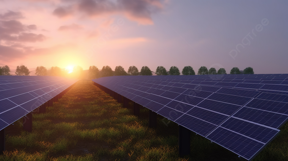 1200x673 The Sun Is Setting Over Solar Panels In A Field Background, 3D Rendering Illustration Of Solar Cell, Solar Panels At Industrial Green Field Sustainable Energy, HD Photography Photo Background Image And Wallpaper