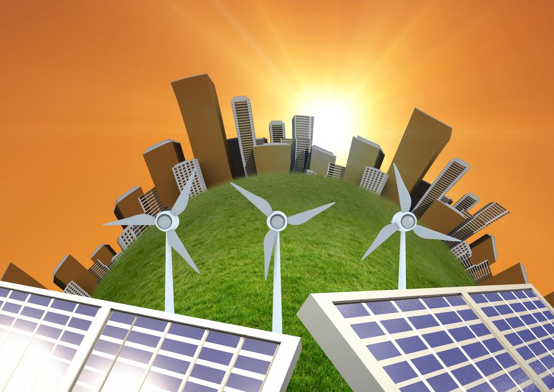 1080x764 Solar panels and wind turbine on green grass against sky background from Pikwizard