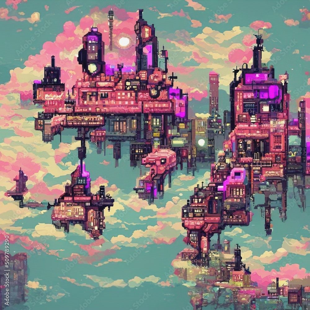 1000x1000 Retro futuristic city in clouds. Pixel