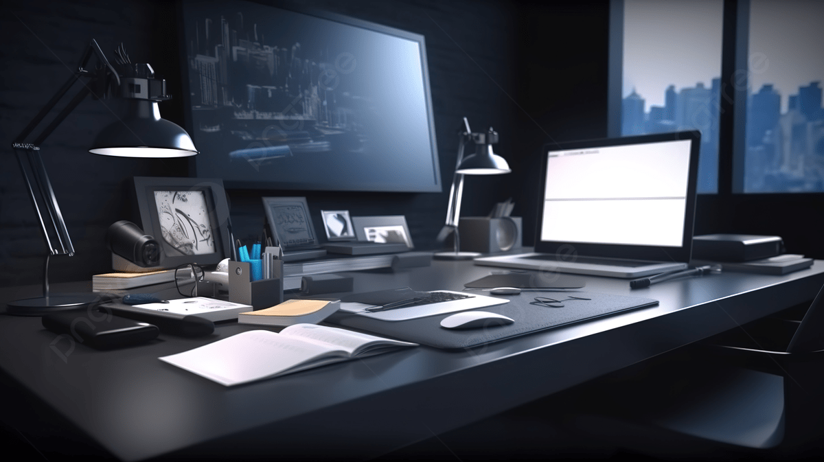 1200x673 3D Scene Of A Dark Office With Lamps Background, 3D Rendering Of Workspace Desk Table With Laptop And Office Accessories, HD Photography Photo, Desk Background Image And Wallpaper for Free Download