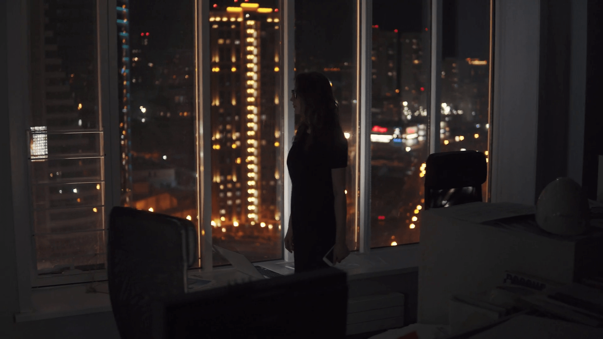 1920x1080 The Head Goes To Empty Dark Office Work Day Stock Footage SBV 333563817