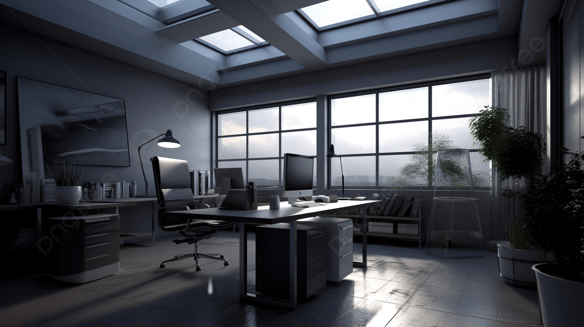 1200x673 Dark Office With Wooden Floors And Sky Light Hanging Over A Table Background, 3D Illustration Of Interior Design Of An Office Fate Of The Guit, HD Photography Photo Background Image And Wallpaper