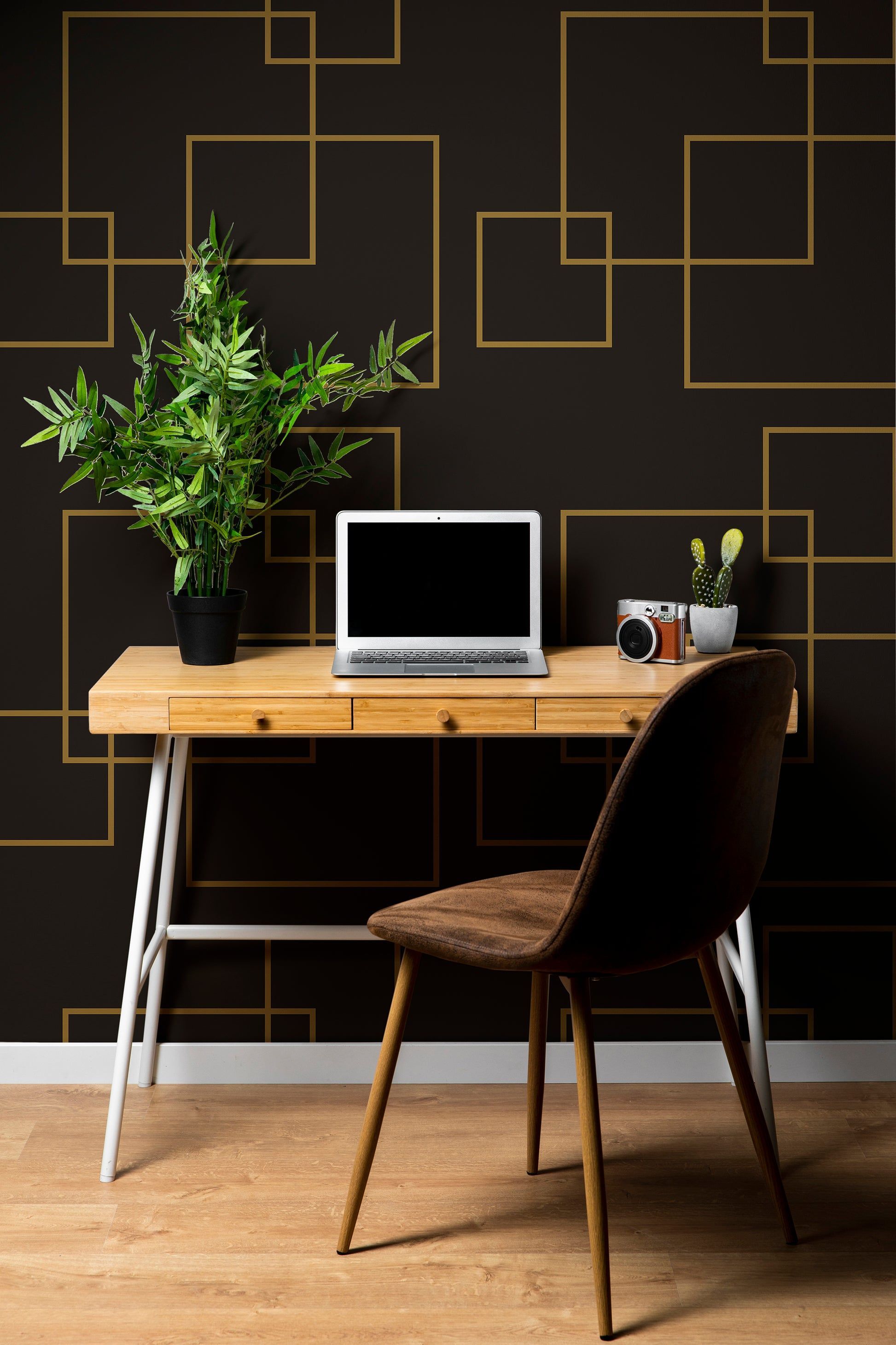 1946x2918 Dark Brown and Gold Square Geometric Pattern Peel and Stick Wallpaper