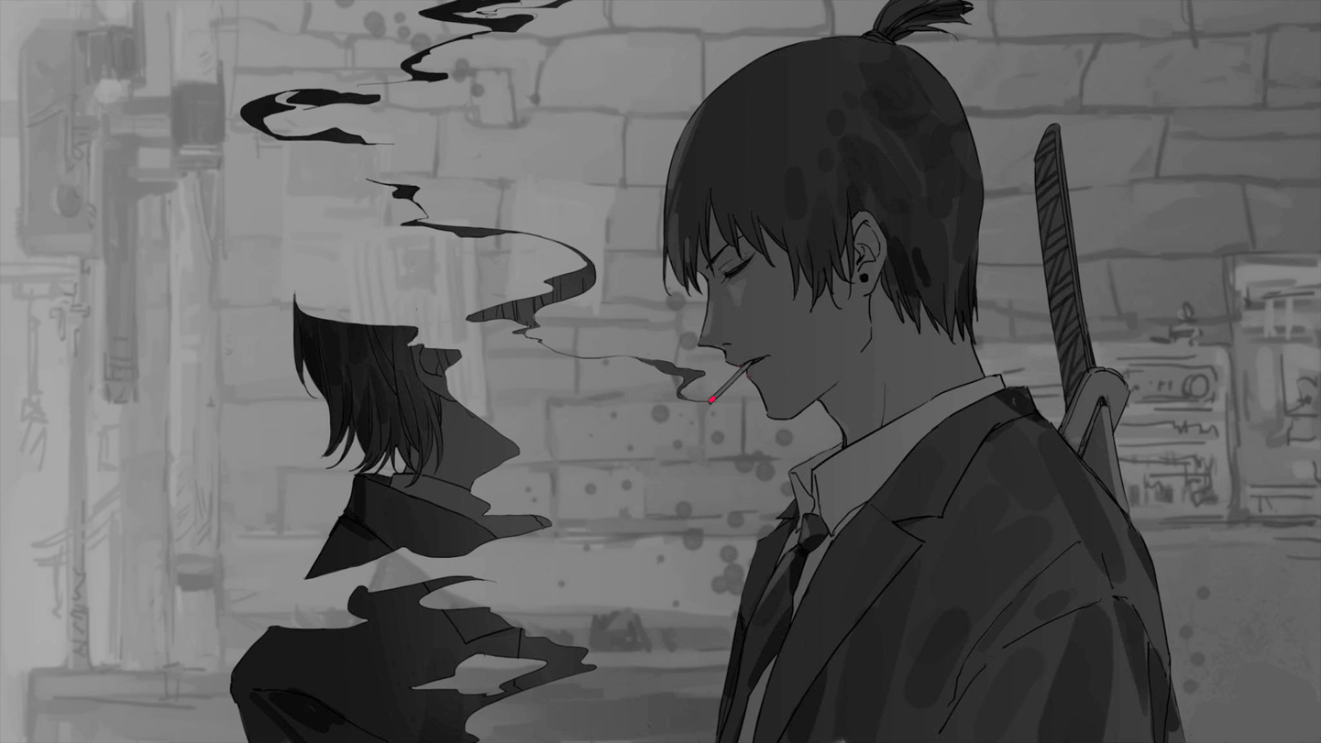 1920x1080 Chainsaw Man, Aki (Chainsaw Man), dark, manga, smoking, sad, Himeno (Chainsaw Man)x1080 Wallpaper