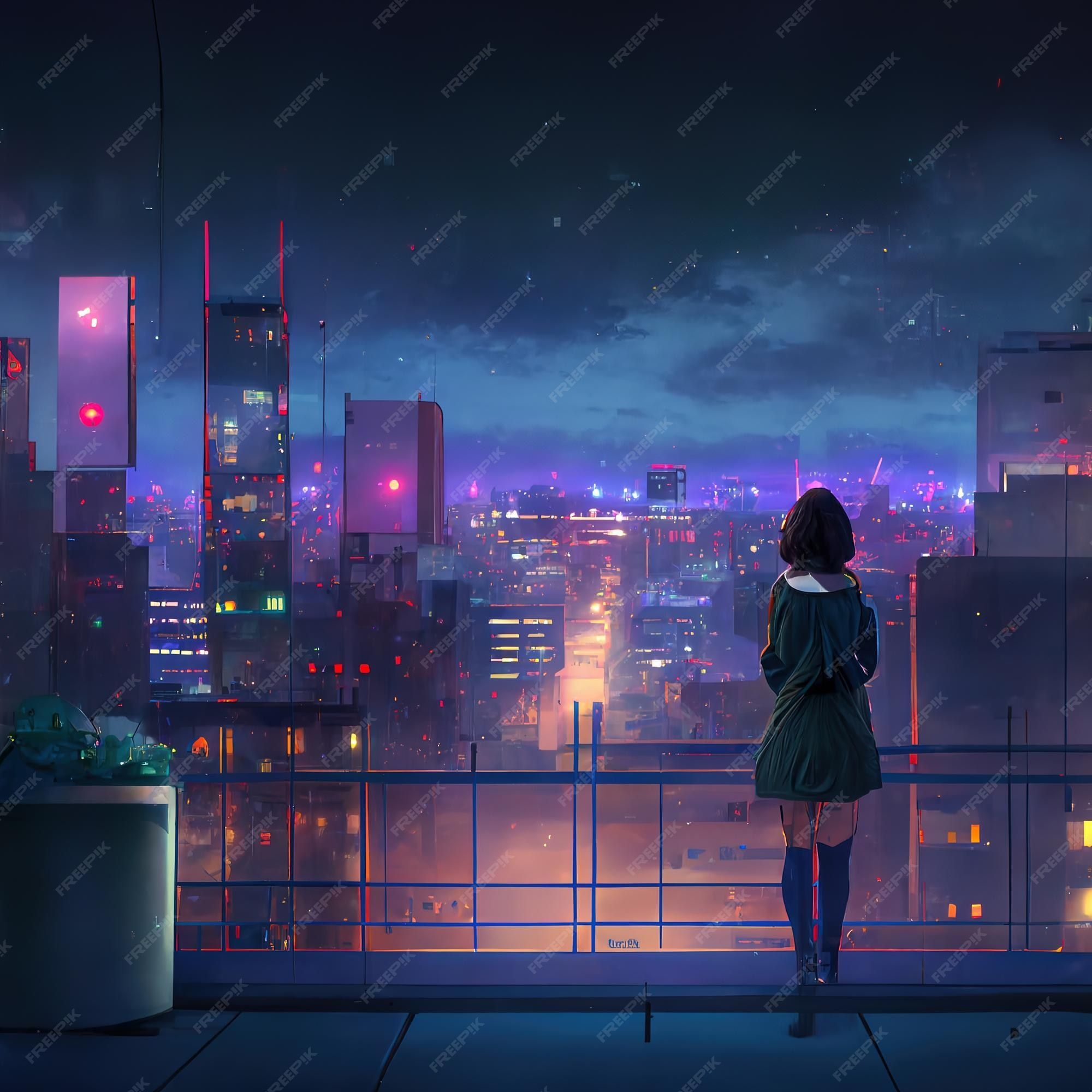 2000x2000 Premium Photo. Cute anime woman looking at the cityscape by night time a sad moody manga lofi style 3D rendering
