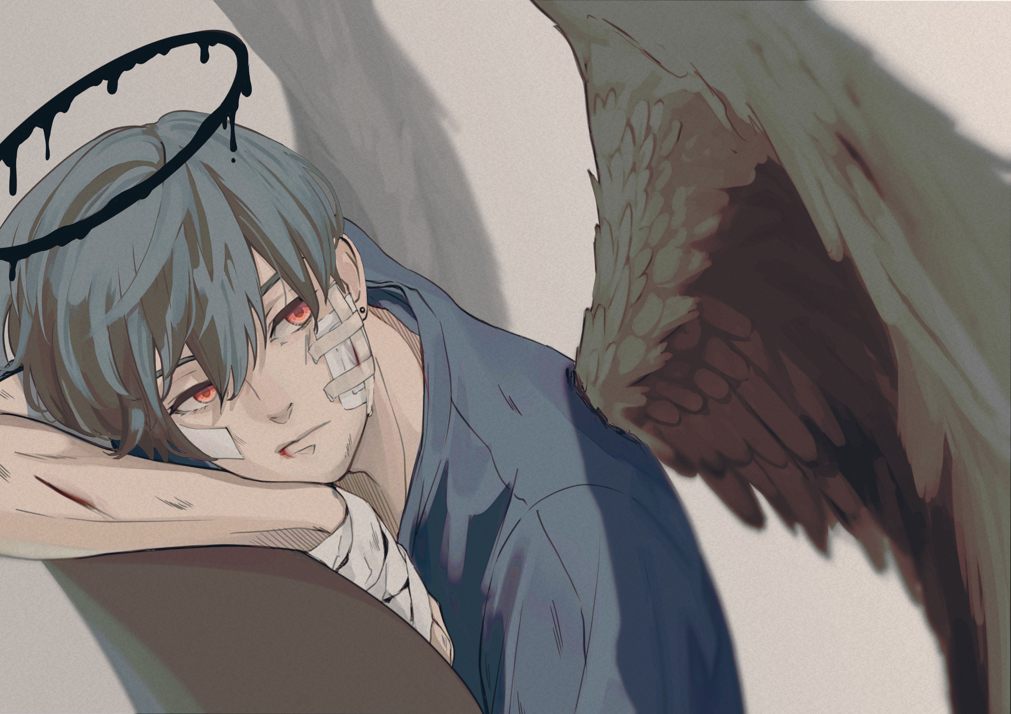 4093x2894 HD desktop wallpaper: Anime, Wings, Sad, Angel, Short Hair download free picture
