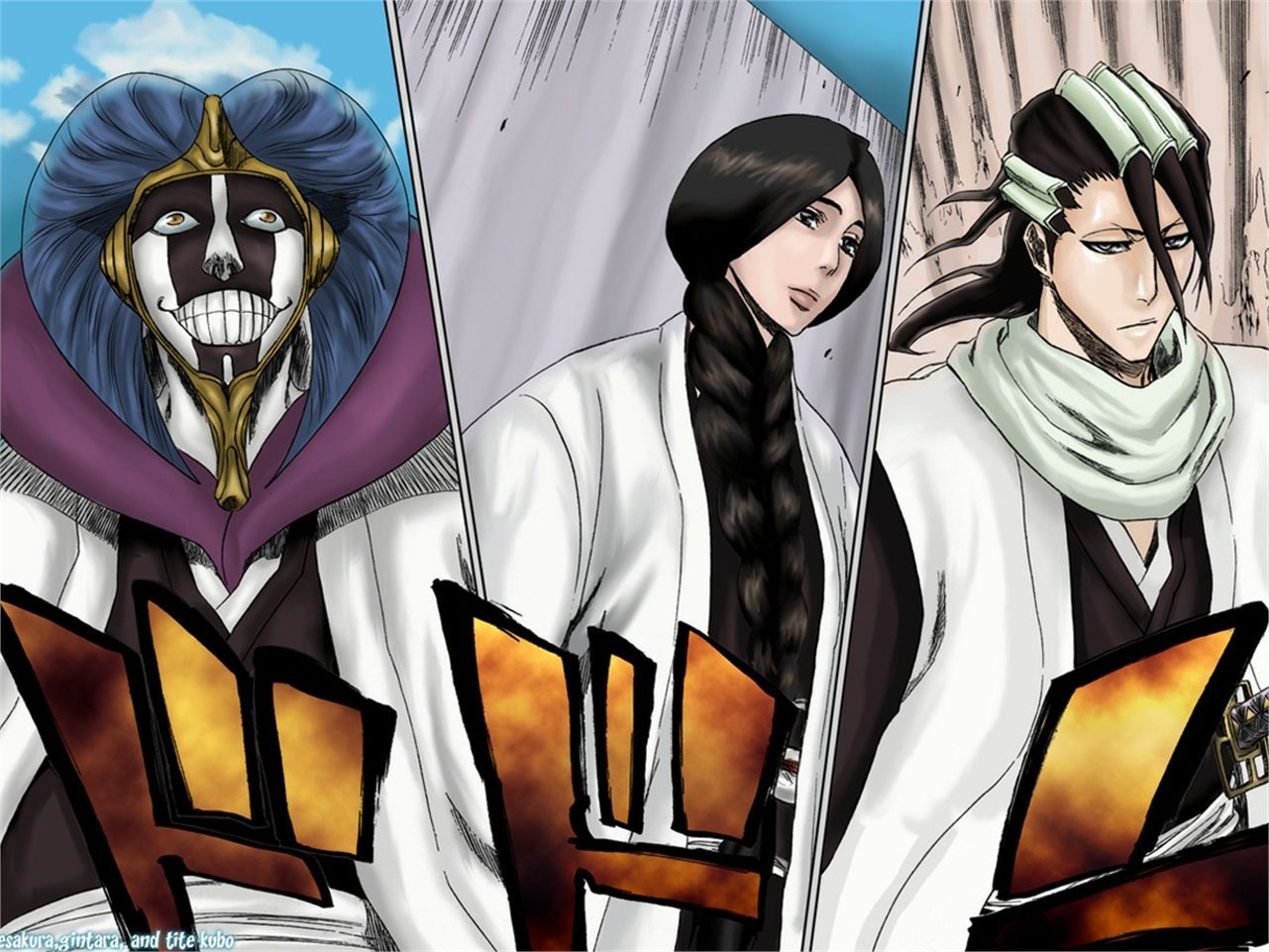 1281x961 HD desktop wallpaper: Anime, Bleach, Byakuya Kuchiki, Mayuri Kurotsuchi, Unohana Retsu download free picture