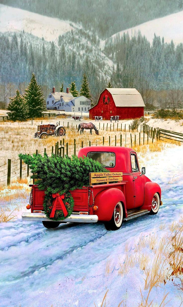 736x1234 Christmas Theme Wallpaper. Christmas farm, Christmas truck, Christmas red truck