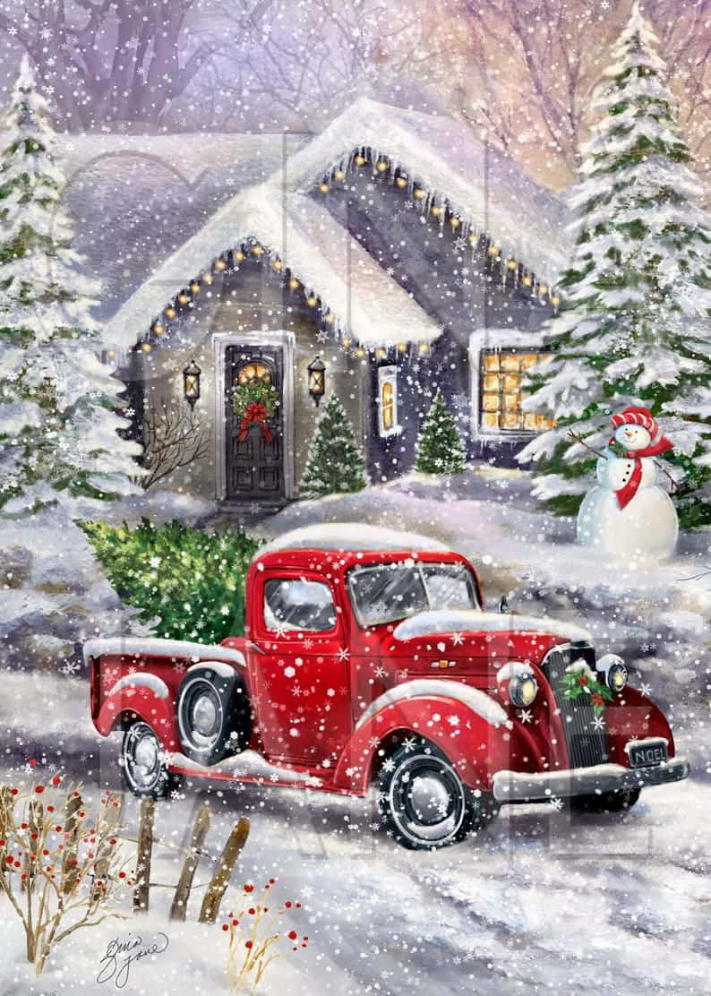 794x1112 Download A Red Truck With Snow On The Road And A Snowman In The Snow Wallpaper