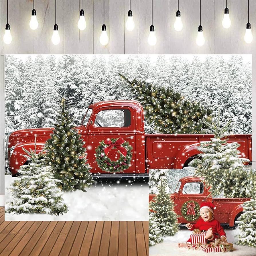 894x894 Amazon.com : Christmas Red Truck Backdrop Winter Wonderland Snowy Forest Tree Retro Car Photography Background Merry Xmas Baby Shower Birthday Party Banner Decor Portrait Photobooth Prop (5x3FT)
