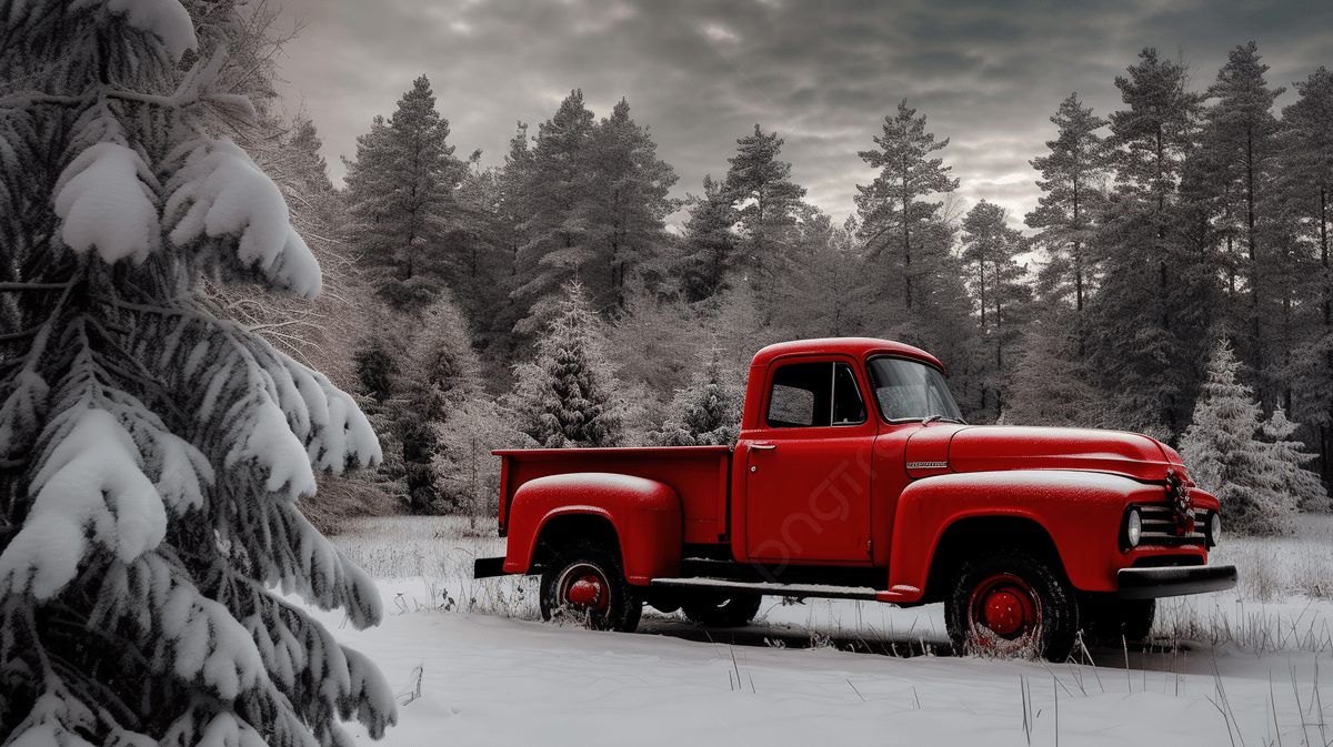 1200x673 Red Pickup Truck In The Snow Under Cloudy Sky Background, Red Truck Christmas Picture Background Image And Wallpaper for Free Download