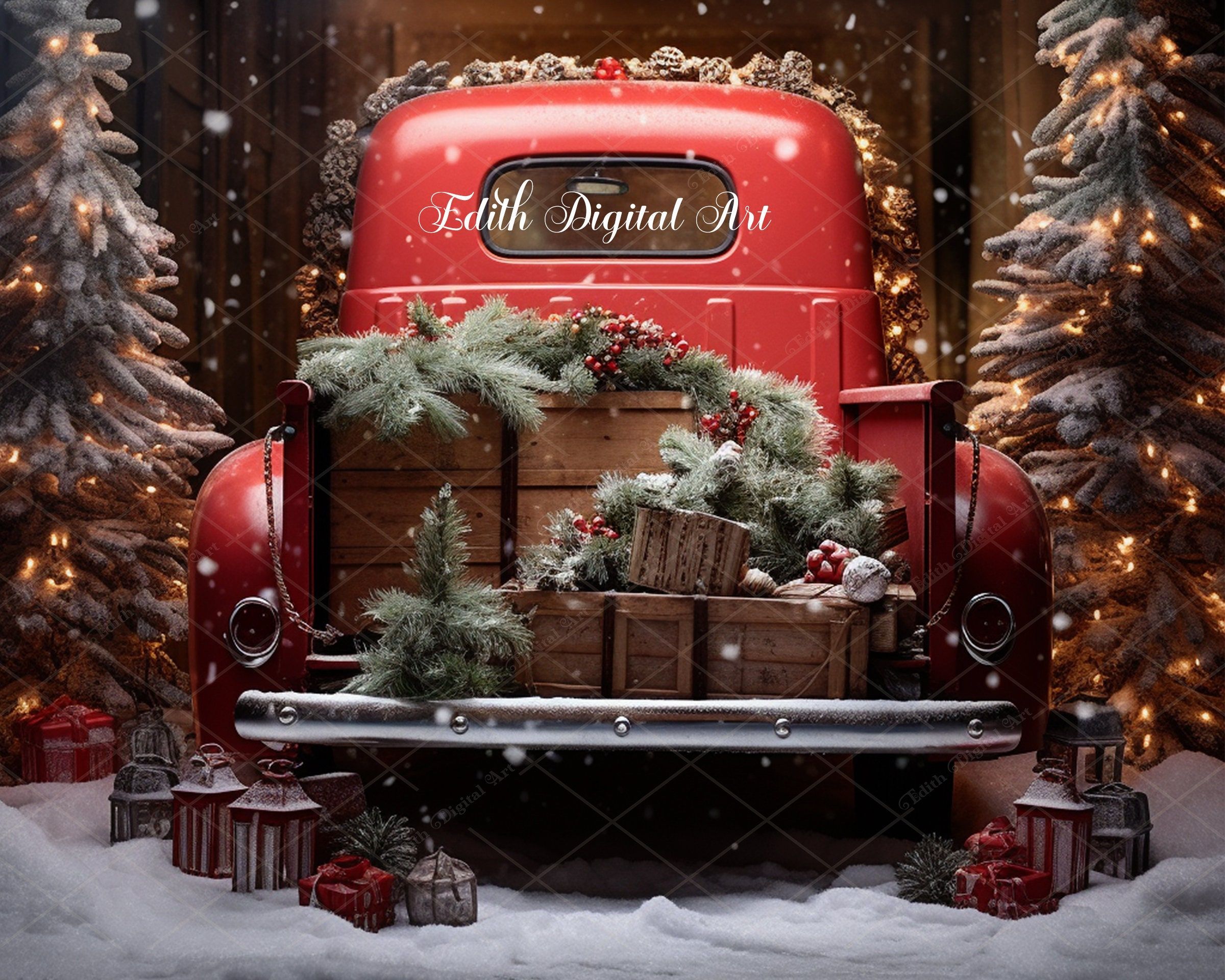 2400x1920 Christmas Red Truck Backdrop Digital Background Photography