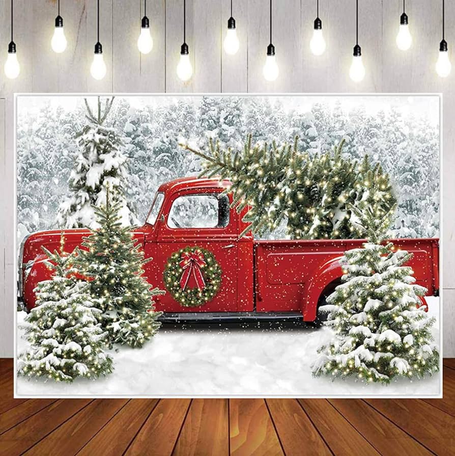 894x895 Amazon.com : Christmas Red Truck Backdrop Winter Wonderland Snowy Forest Tree Photography Background Merry Christmas Decoration Background Baby Shower Birthday Party Banner Decor, 7x5ft